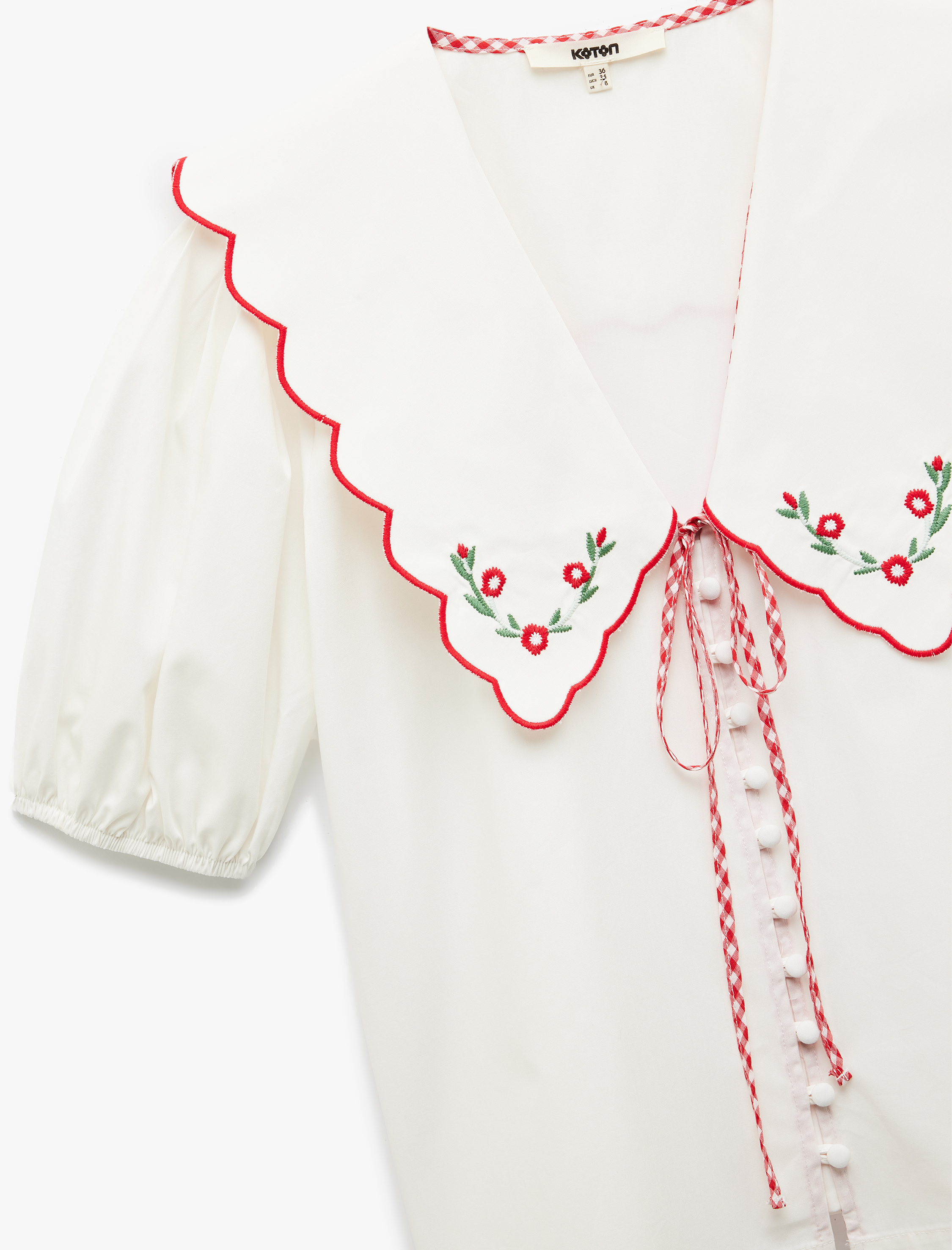   Pamuklu Kısa Balon Kollu İşleme Detaylı Çiçekli Bebe Yaka Gömlek