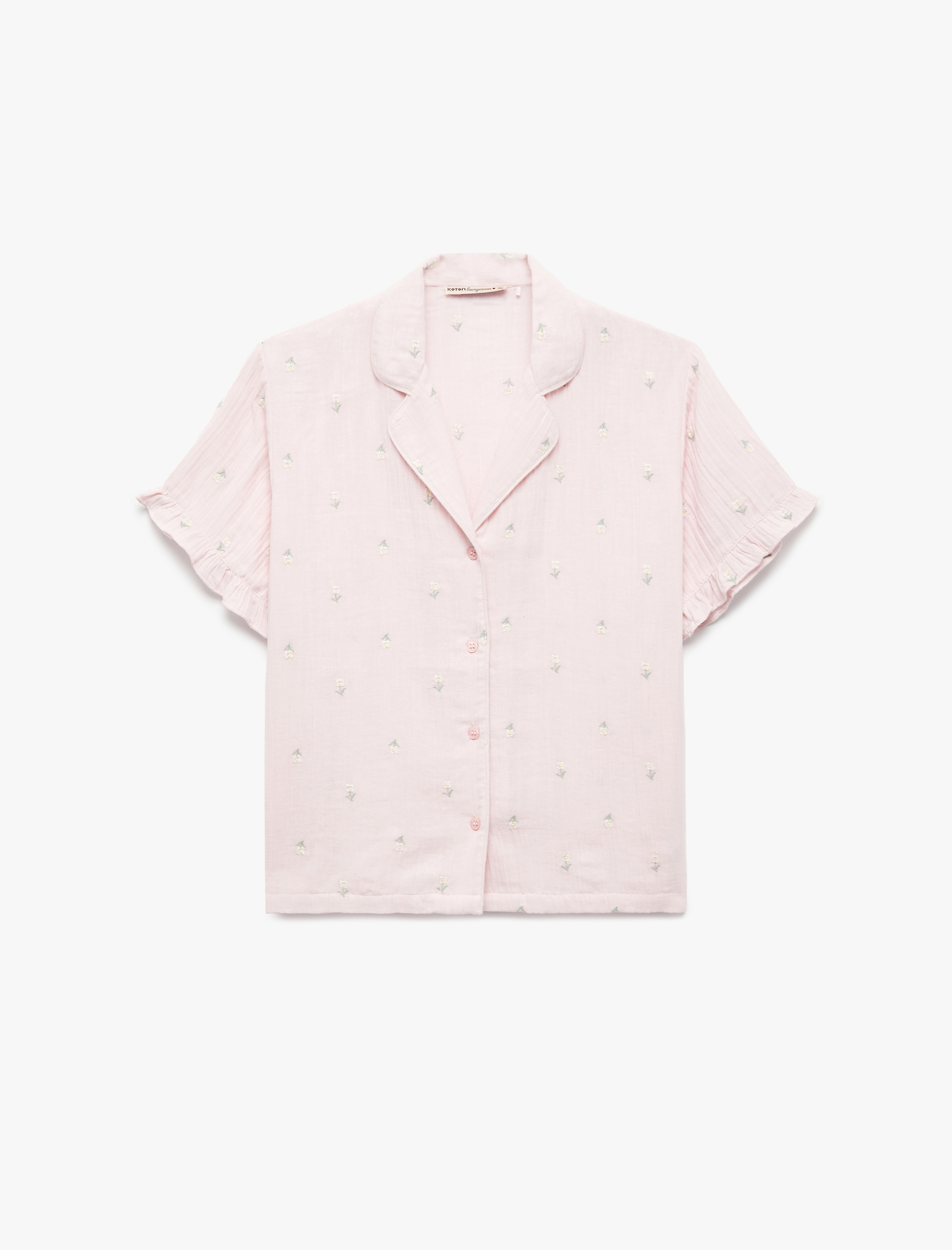   Pamuklu Kısa Kollu Gömlek Yaka Çiçek İşleme Detaylı Pijama Üstü