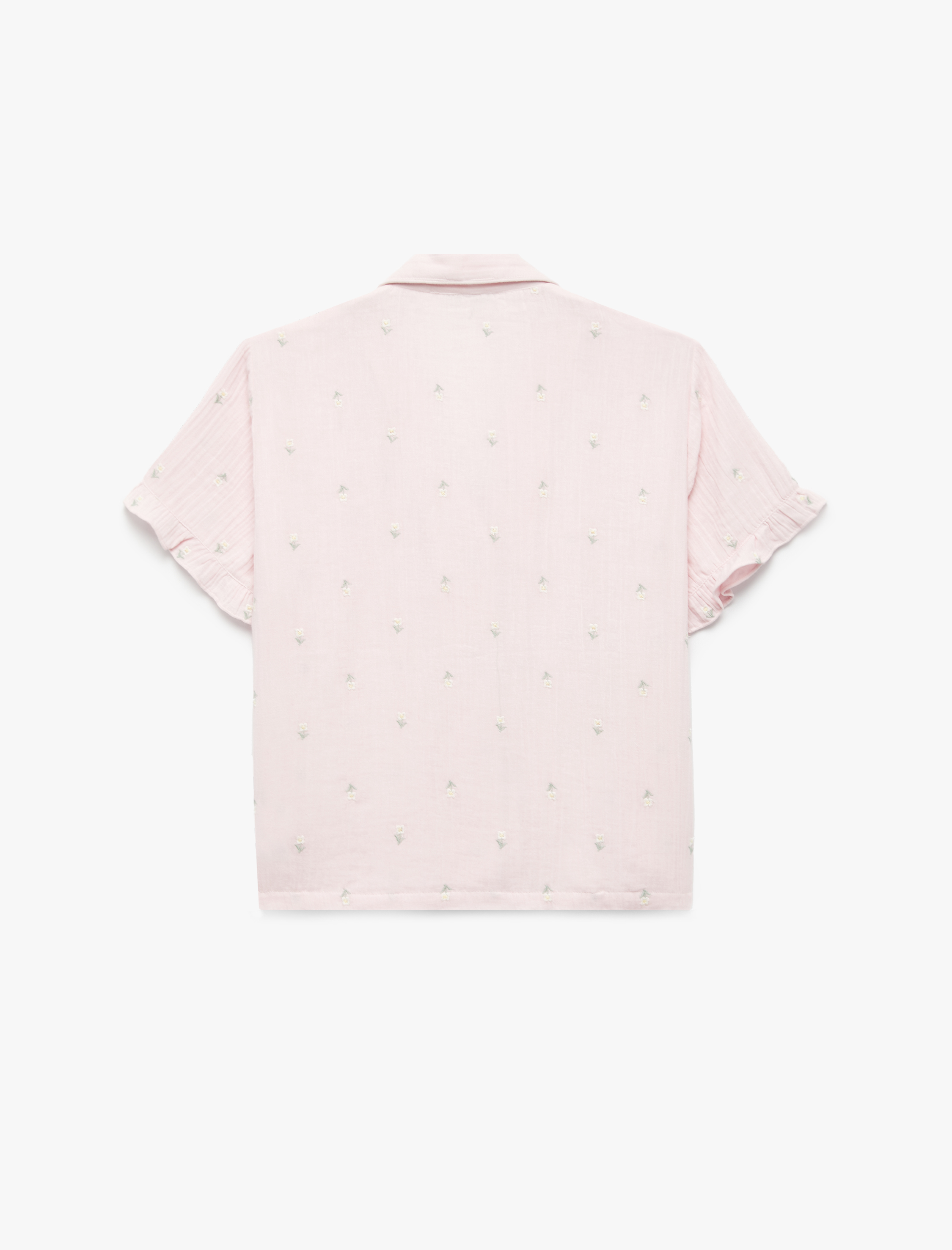   Pamuklu Kısa Kollu Gömlek Yaka Çiçek İşleme Detaylı Pijama Üstü