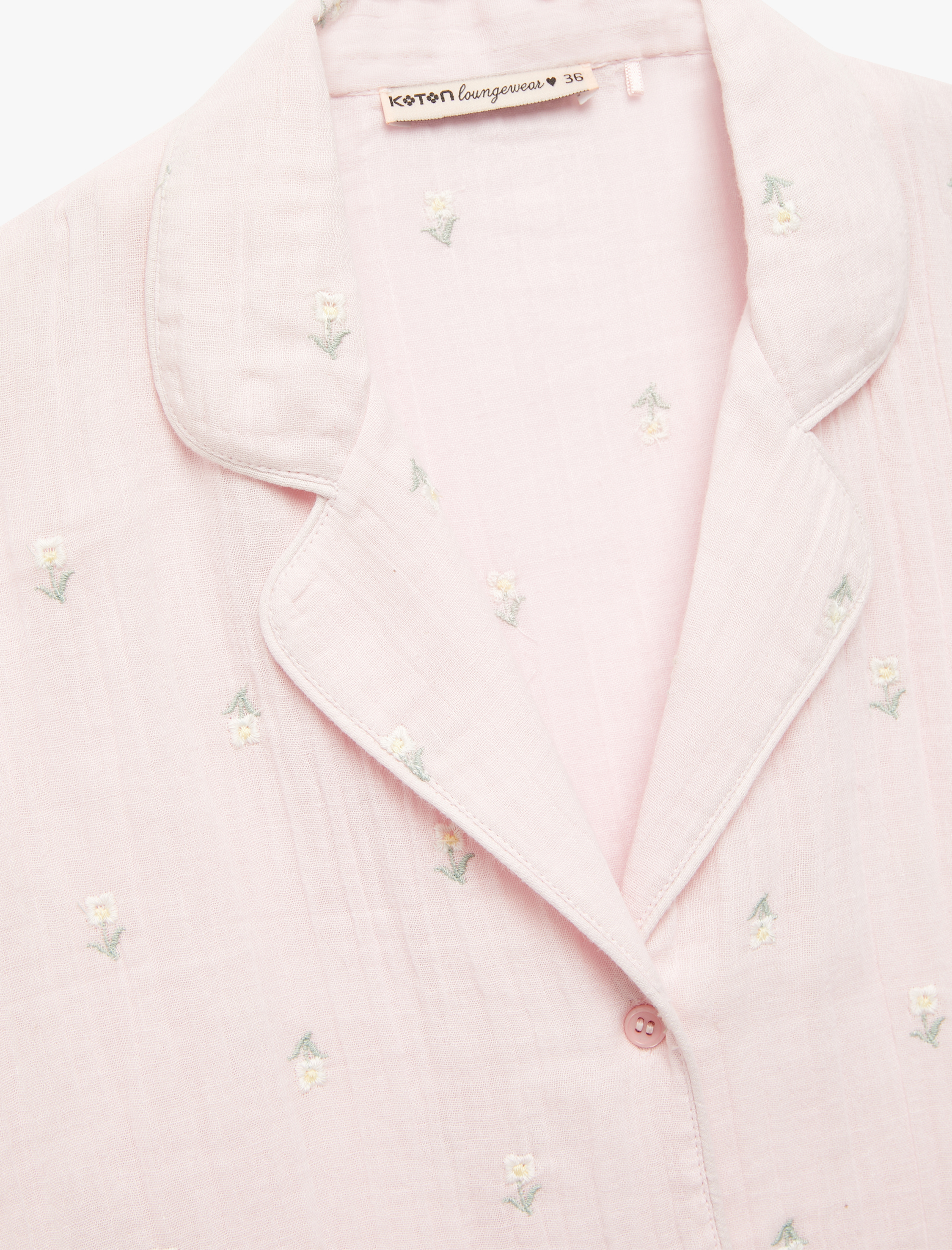   Pamuklu Kısa Kollu Gömlek Yaka Çiçek İşleme Detaylı Pijama Üstü