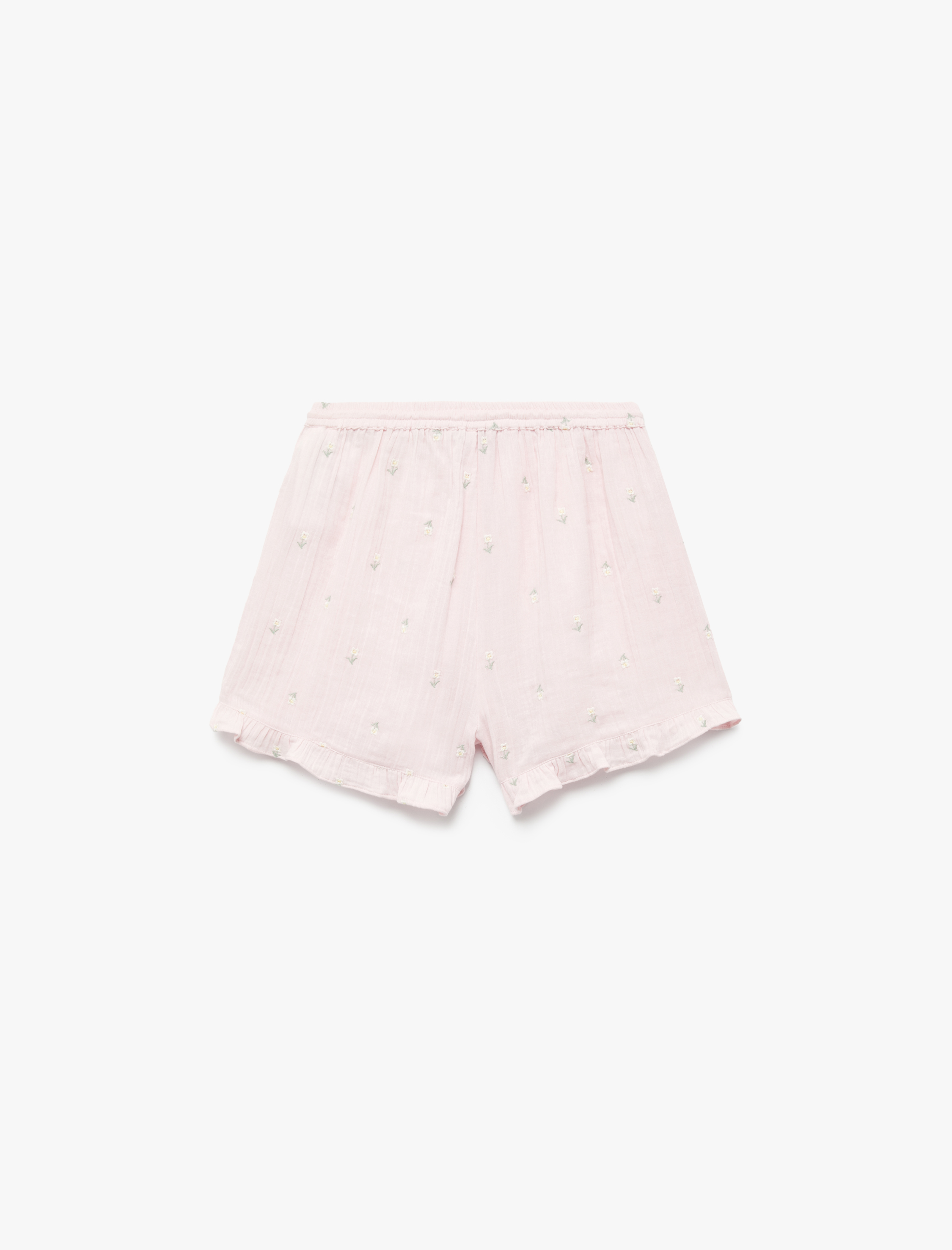   Pamuklu Rahat Kalıp Çiçek İşleme Detaylı Mini Şort Pijama Altı