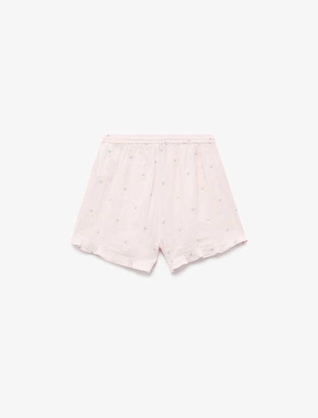 Pamuklu Rahat Kalıp Çiçek İşleme Detaylı Mini Şort Pijama Altı_1