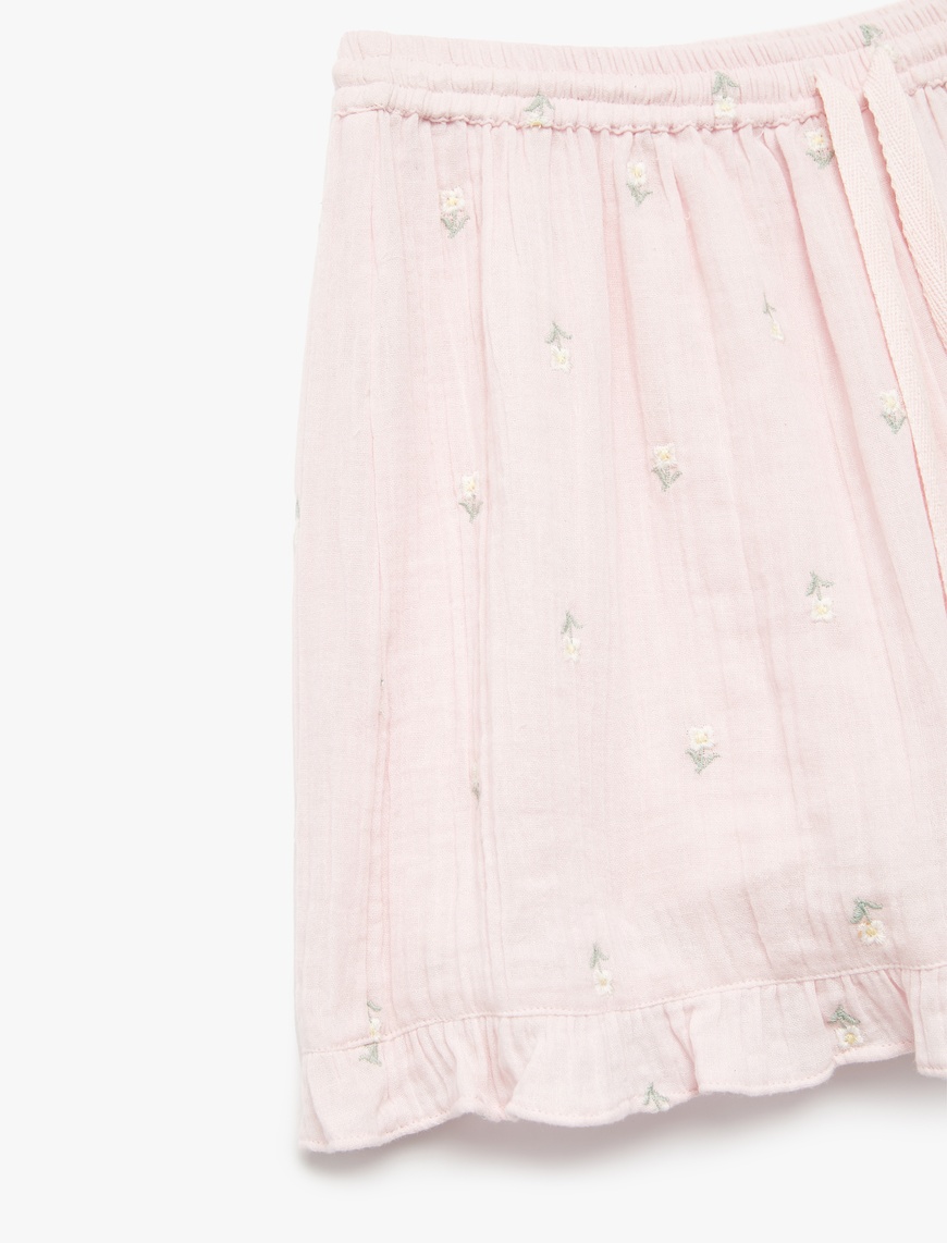   Pamuklu Rahat Kalıp Çiçek İşleme Detaylı Mini Şort Pijama Altı