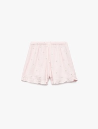 Pamuklu Rahat Kalıp Çiçek İşleme Detaylı Mini Şort Pijama Altı