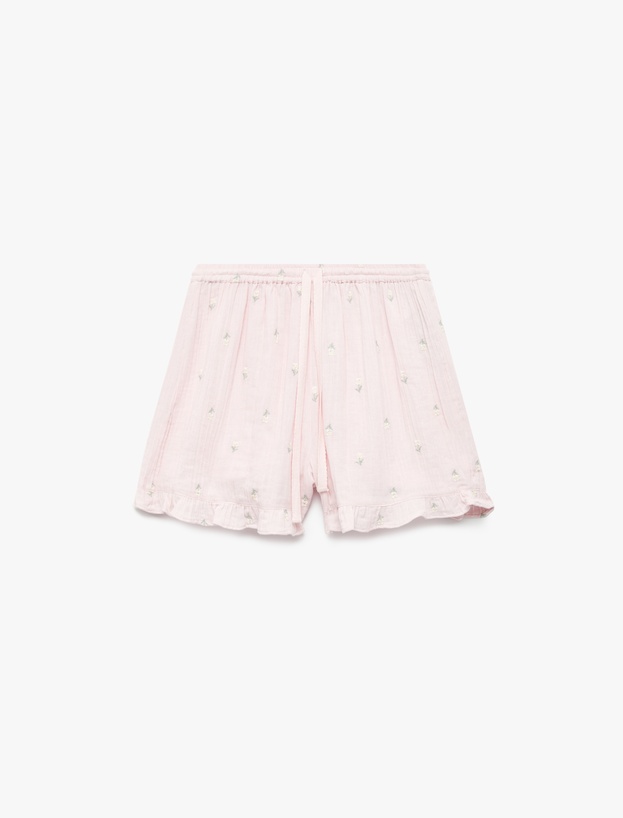 Pamuklu Rahat Kalıp Çiçek İşleme Detaylı Mini Şort Pijama Altı_0