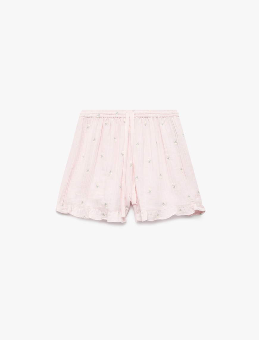   Pamuklu Rahat Kalıp Çiçek İşleme Detaylı Mini Şort Pijama Altı