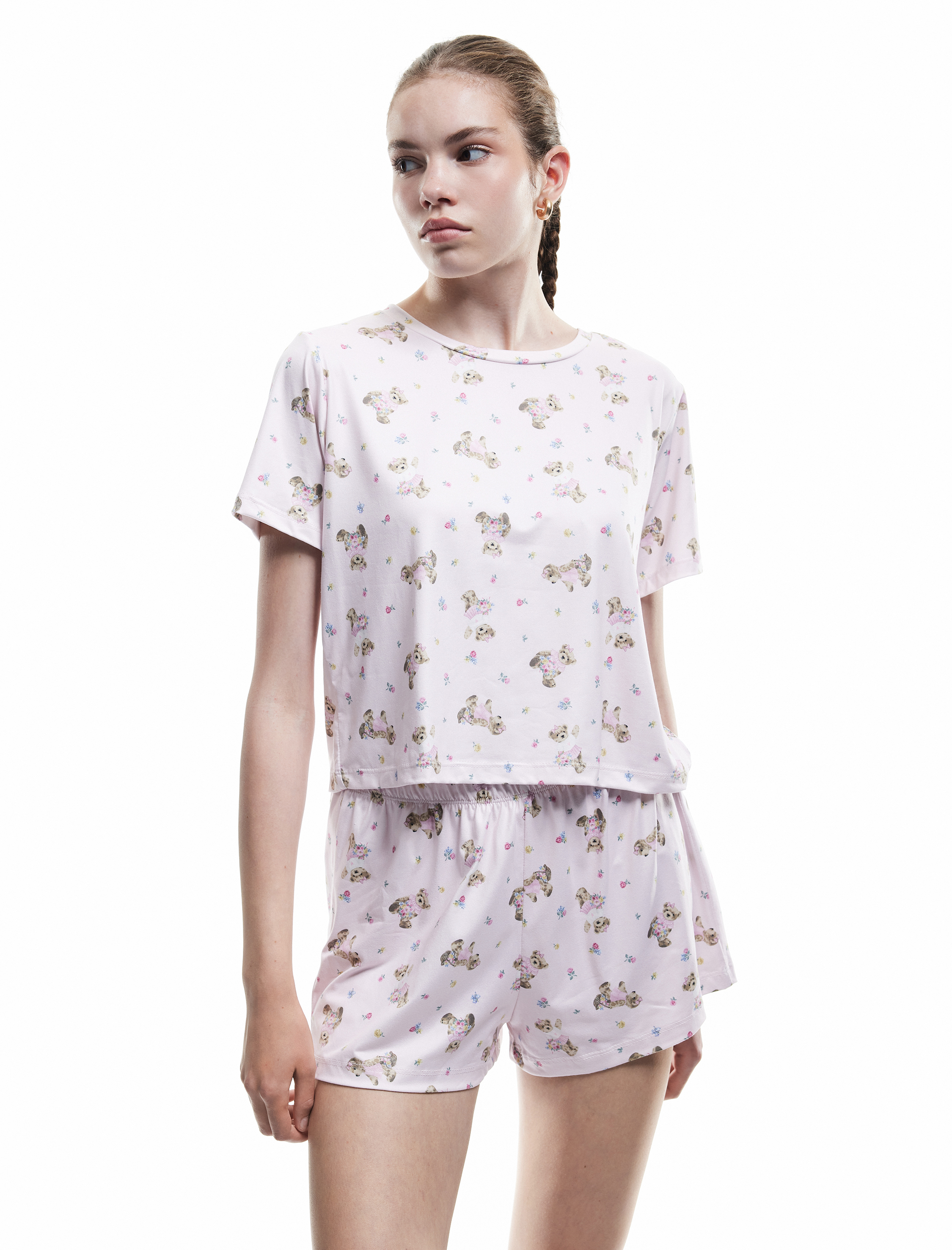   Ayıcık Desenli Kısa Kollu Bisiklet Yaka Şortlu Pijama Takımı