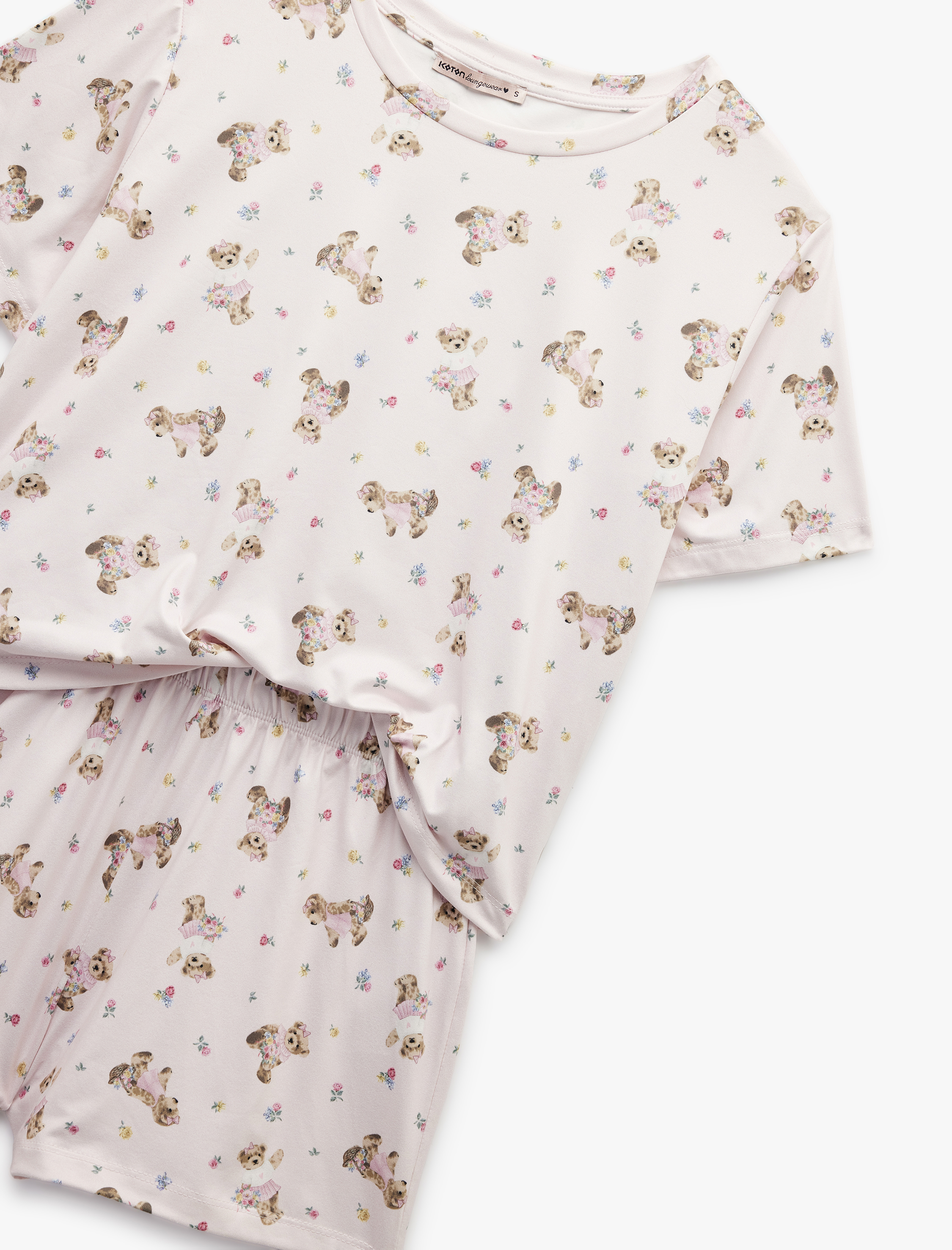   Ayıcık Desenli Kısa Kollu Bisiklet Yaka Şortlu Pijama Takımı