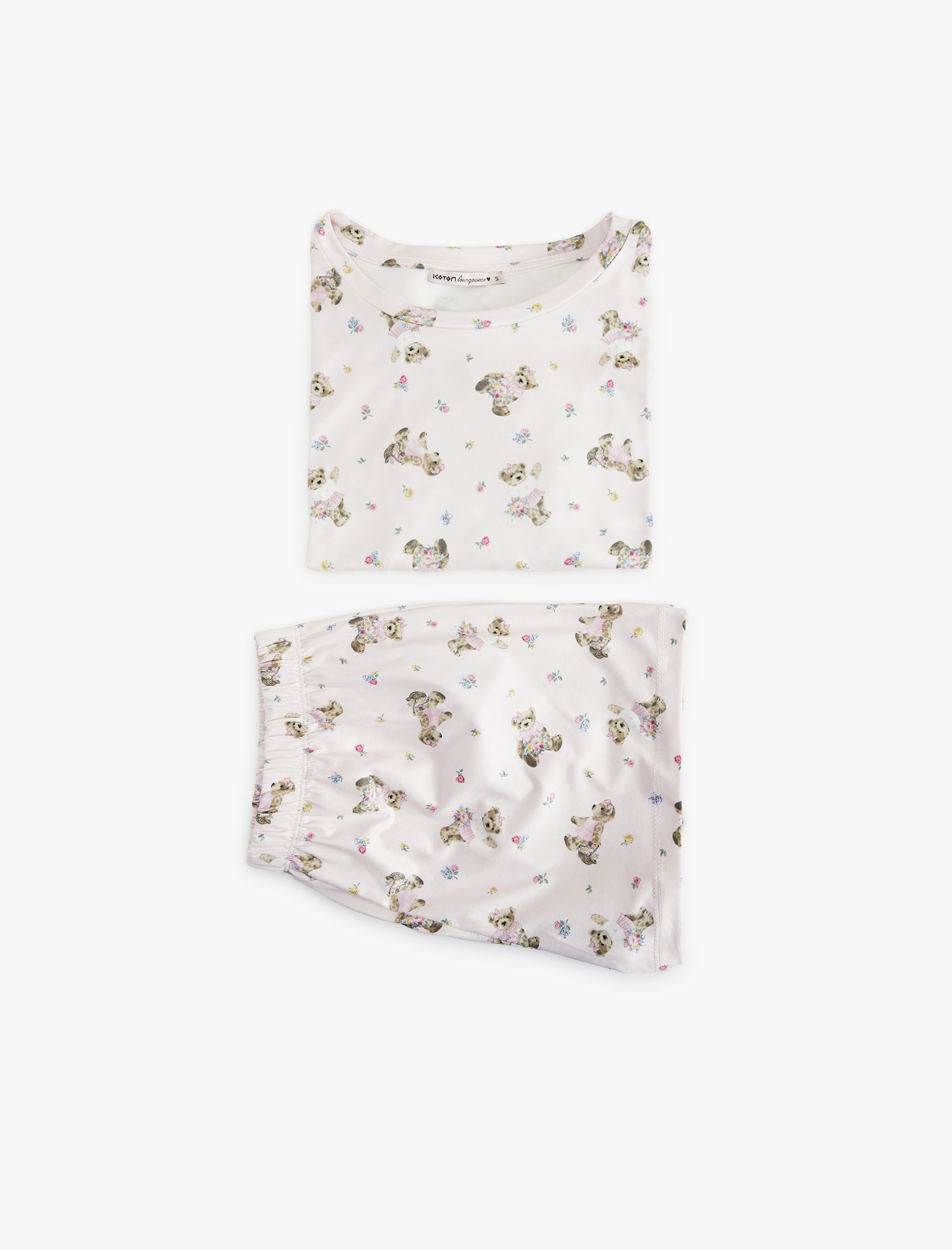   Ayıcık Desenli Kısa Kollu Bisiklet Yaka Şortlu Pijama Takımı