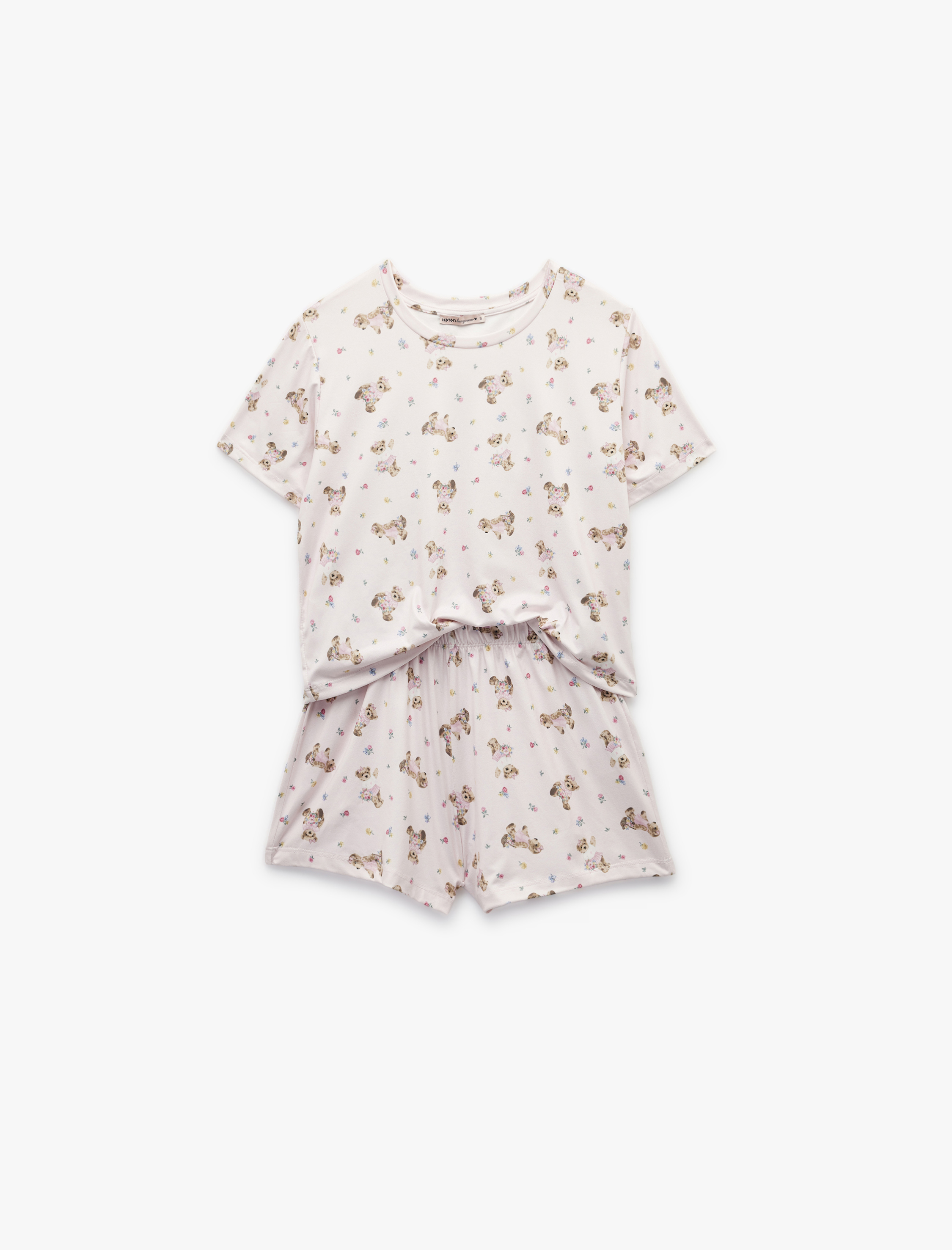   Ayıcık Desenli Kısa Kollu Bisiklet Yaka Şortlu Pijama Takımı