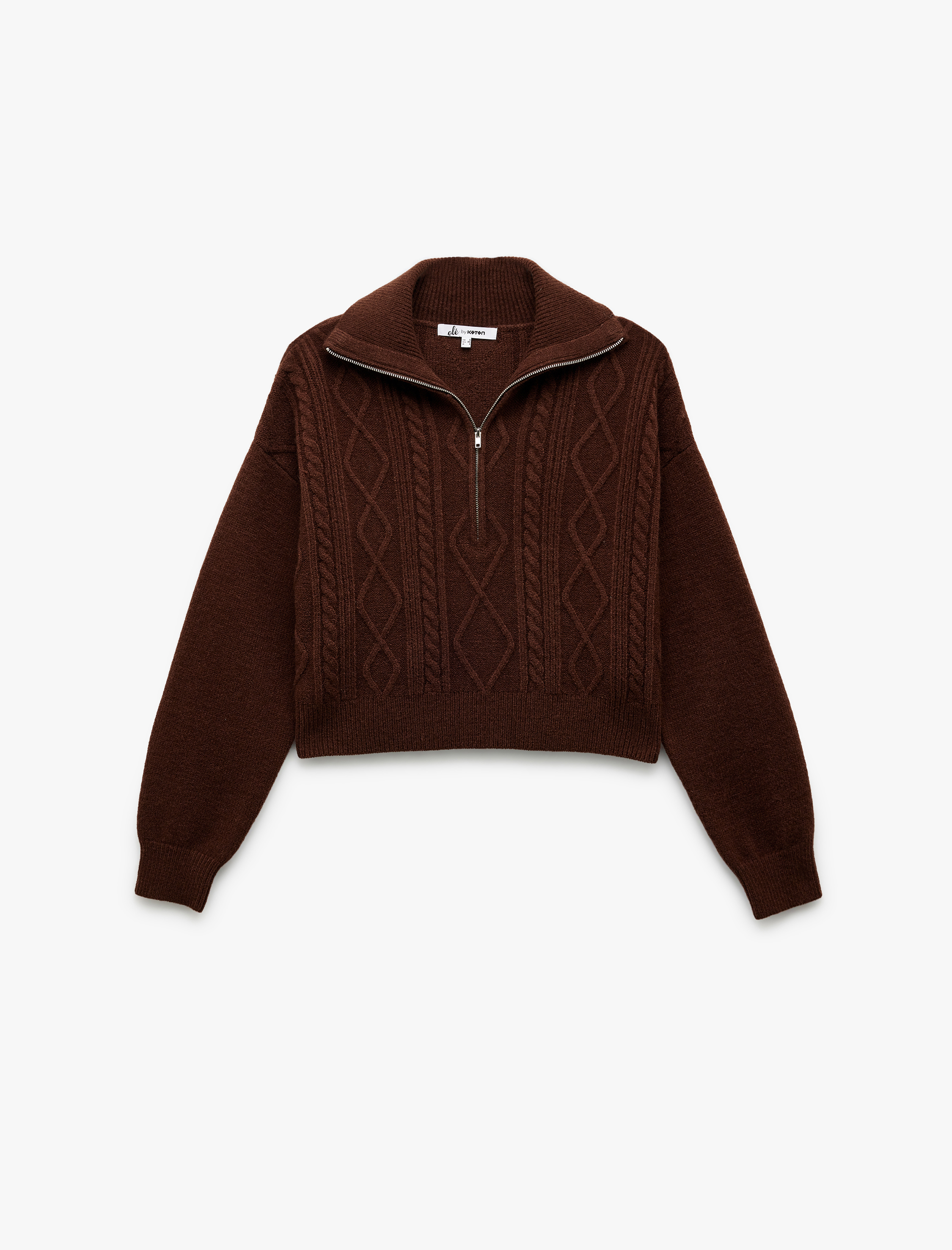   Yarım Fermuarlı Yaka Uzun Kollu Saç Örgü Dokulu Triko Kazak