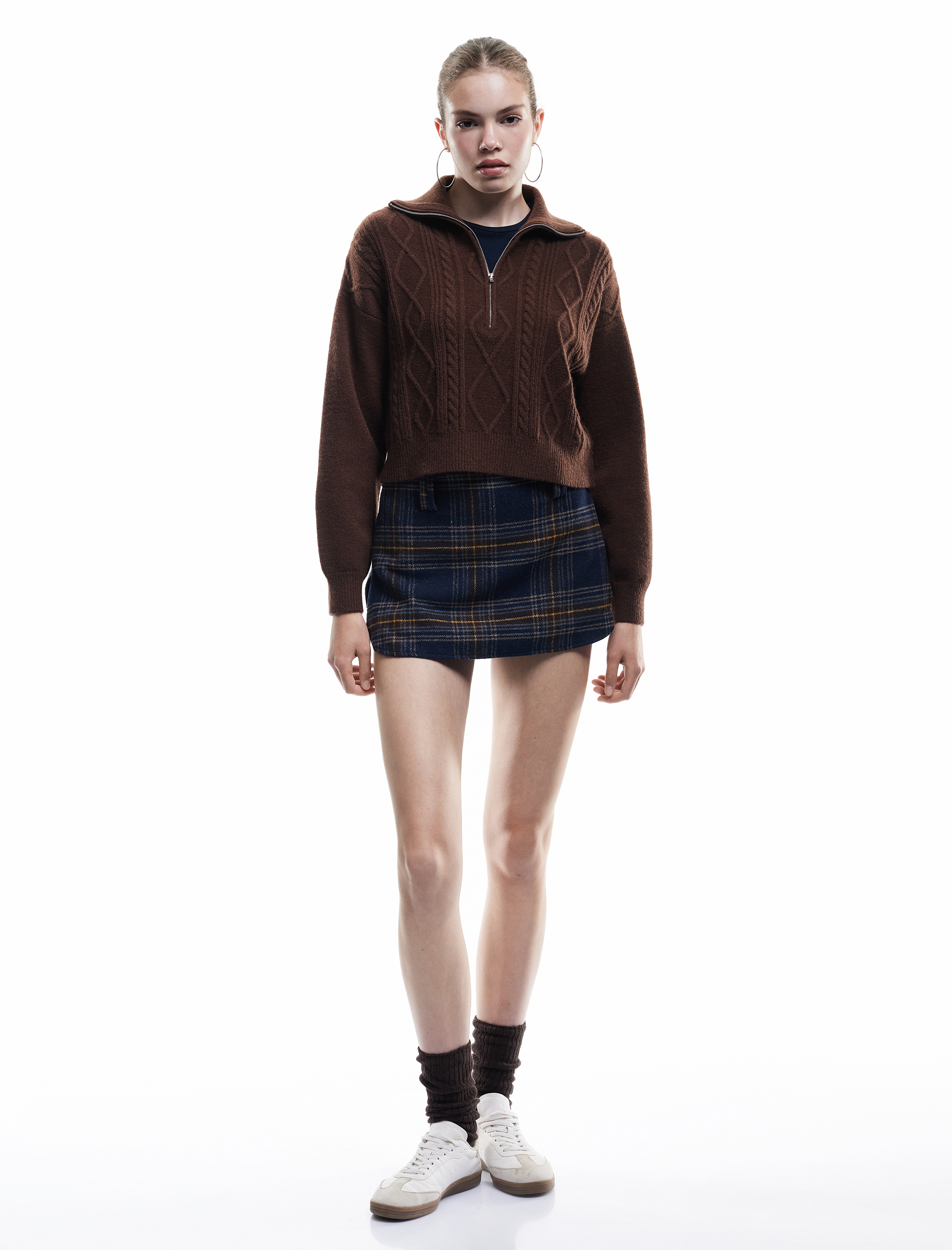   Yarım Fermuarlı Yaka Uzun Kollu Saç Örgü Dokulu Triko Kazak