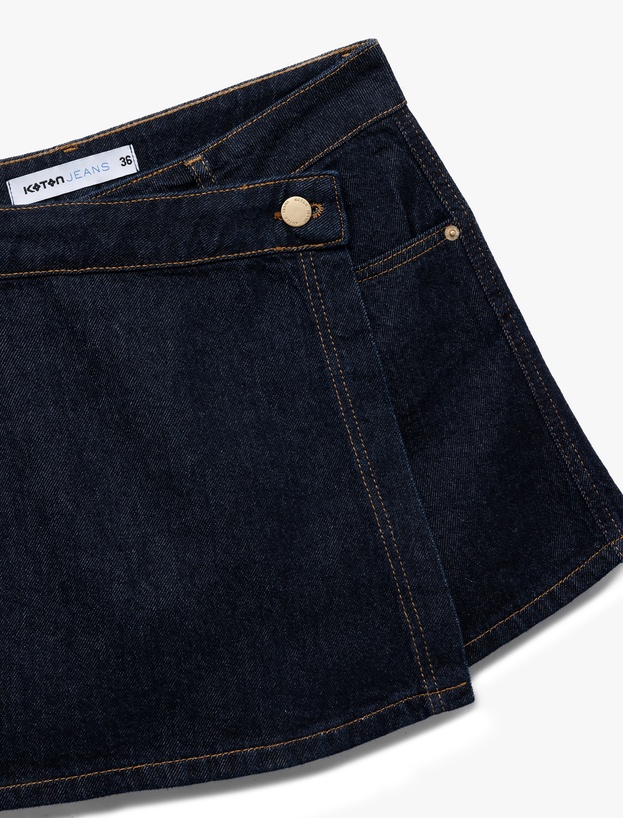 Pamuklu Normal Bel Asimetrik Kesim Düğmeli Denim Şort Etek_2