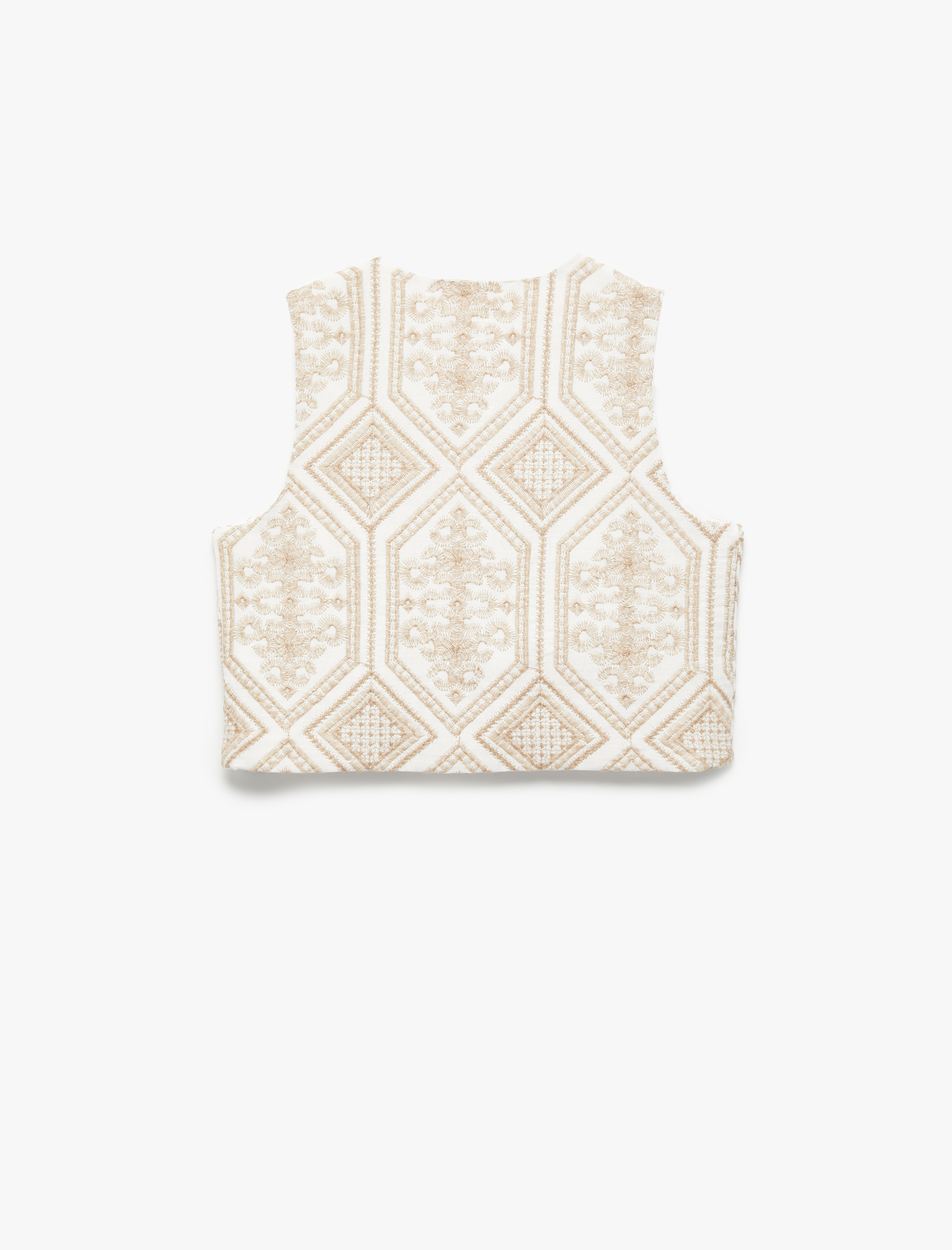   Pamuklu Etnik Desenli Nakış Detaylı Brodeli Bisiklet Yaka Crop Yelek