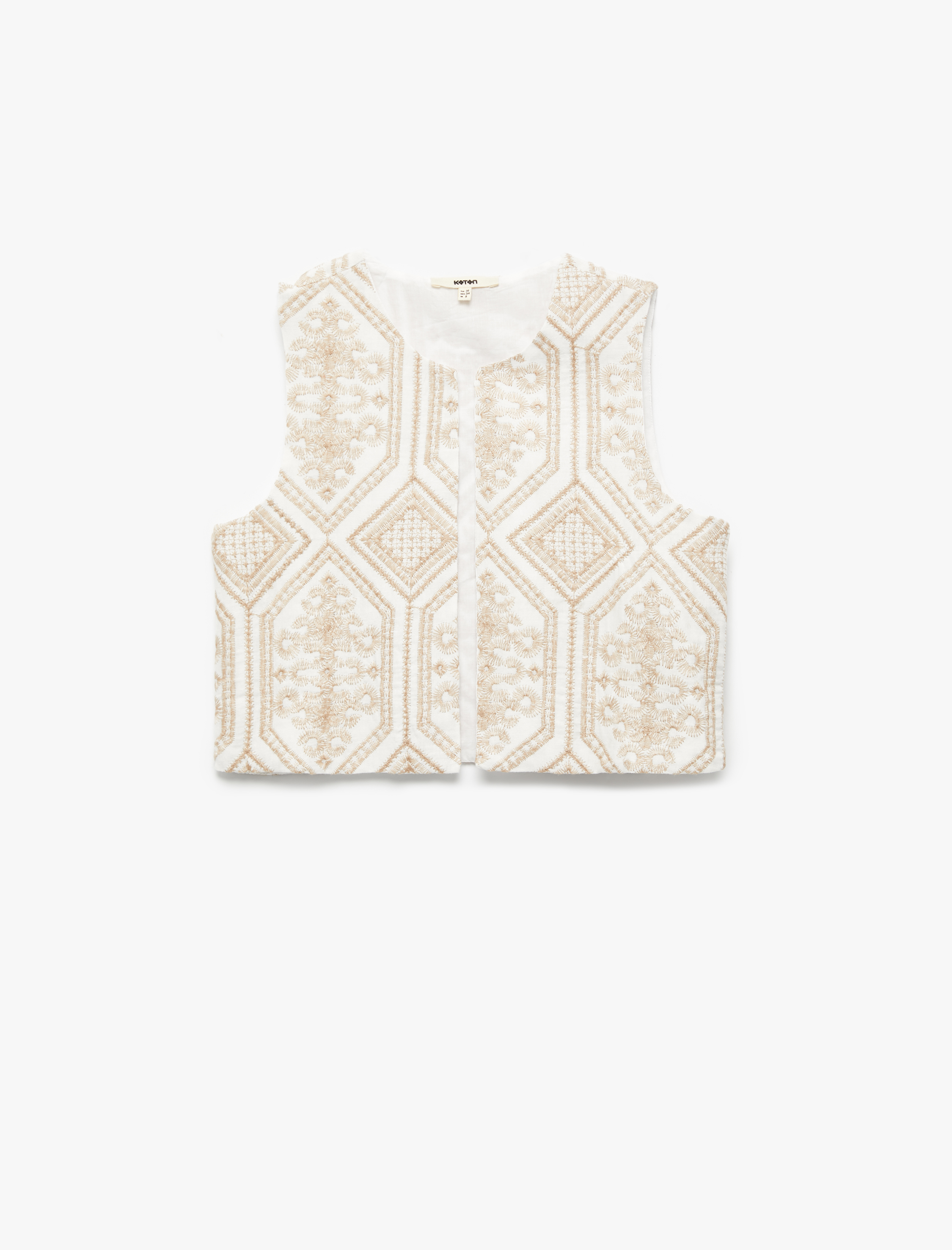   Pamuklu Etnik Desenli Nakış Detaylı Brodeli Bisiklet Yaka Crop Yelek