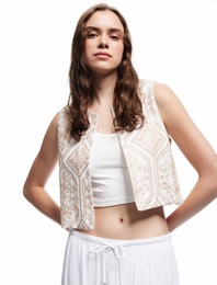 Pamuklu Etnik Desenli Nakış Detaylı Brodeli Bisiklet Yaka Crop Yelek