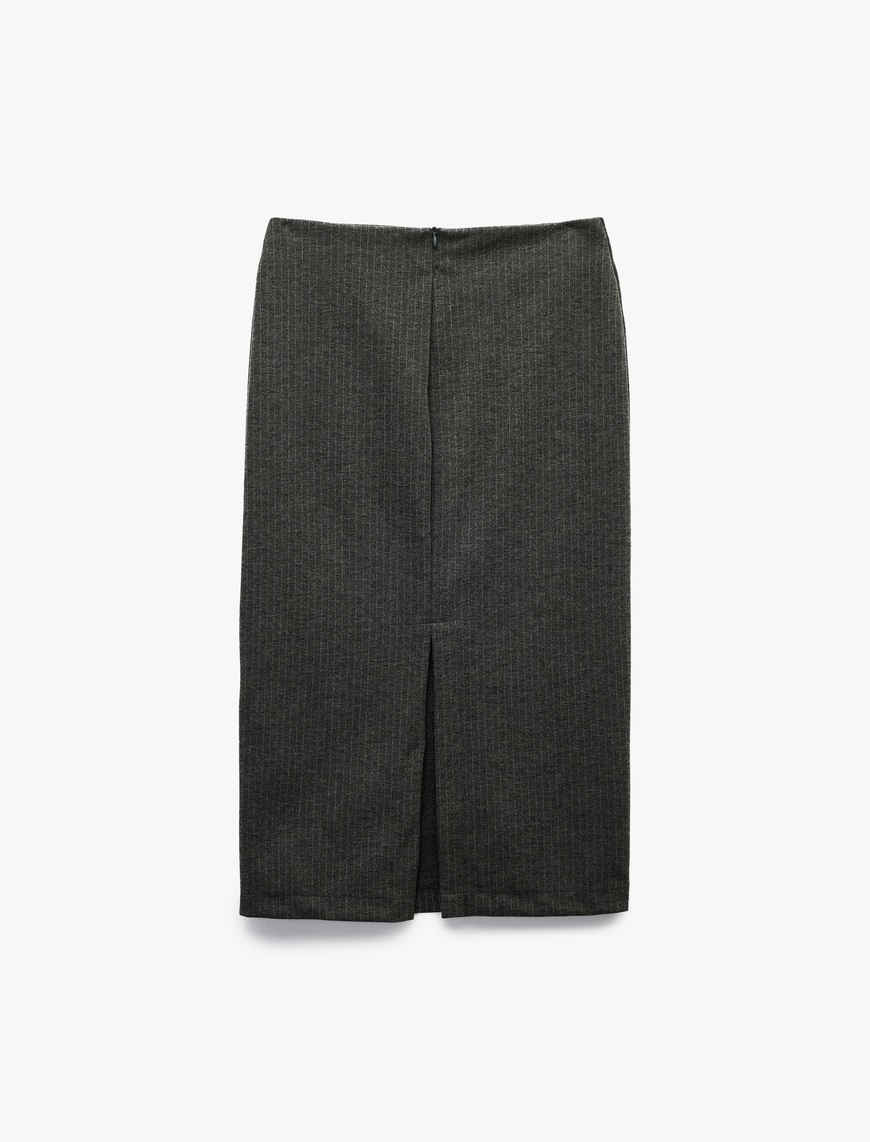   Parıltılı Metalik İplik Detaylı Slim Fit Yırtmaç Detaylı Midi Boy Kalem Etek