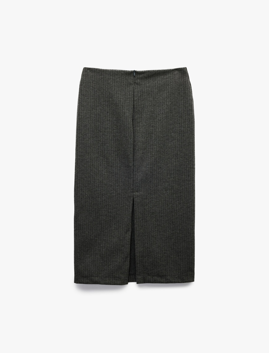   Parıltılı Metalik İplik Detaylı Slim Fit Yırtmaç Detaylı Midi Boy Kalem Etek