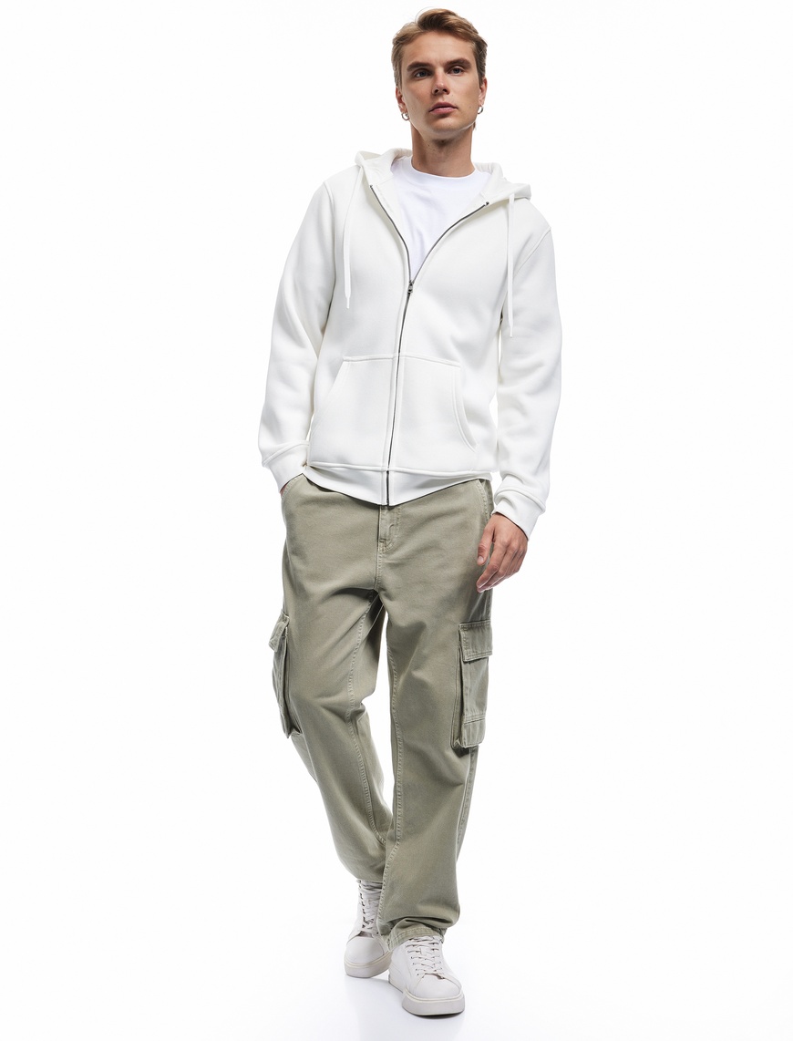   Uzun Kollu Şardonlu Fermuarlı Kanguru Cepli Sweatshirt