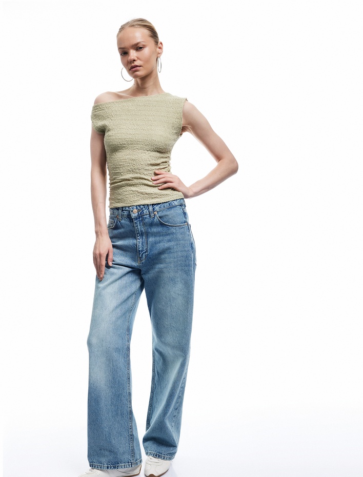  Drapeli Asimetrik Yaka Bürümcük Kolsuz Bluz