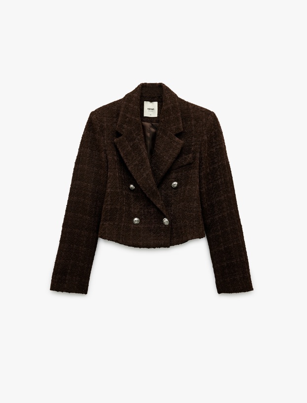 Slim Fit Kruvaze Uzun Kollu Tüvit Crop Blazer Ceket_2