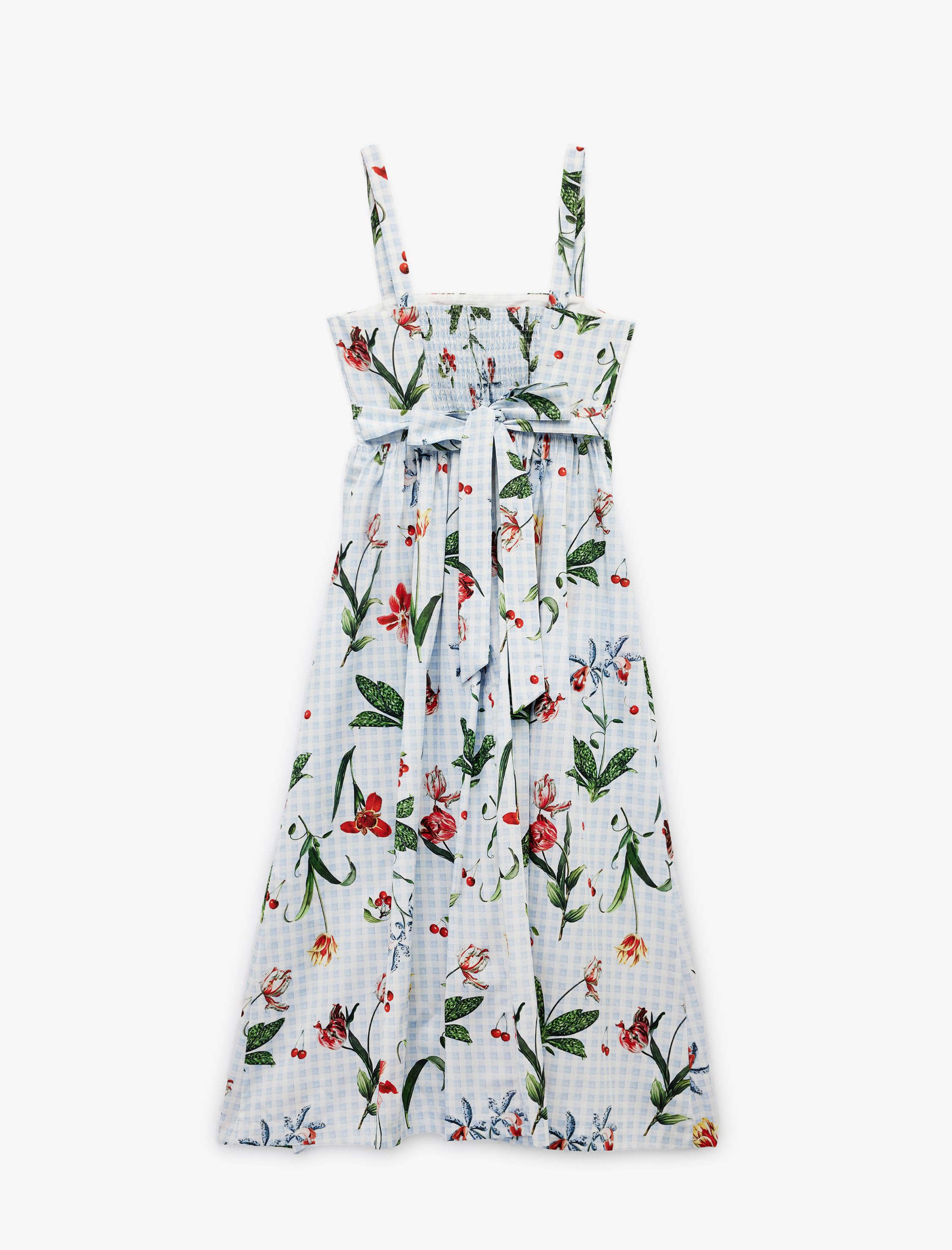   Pamuklu Kare Yaka Vişne Baskılı Çiçekli Midi Boy Askılı Pötikareli Kloş Elbise