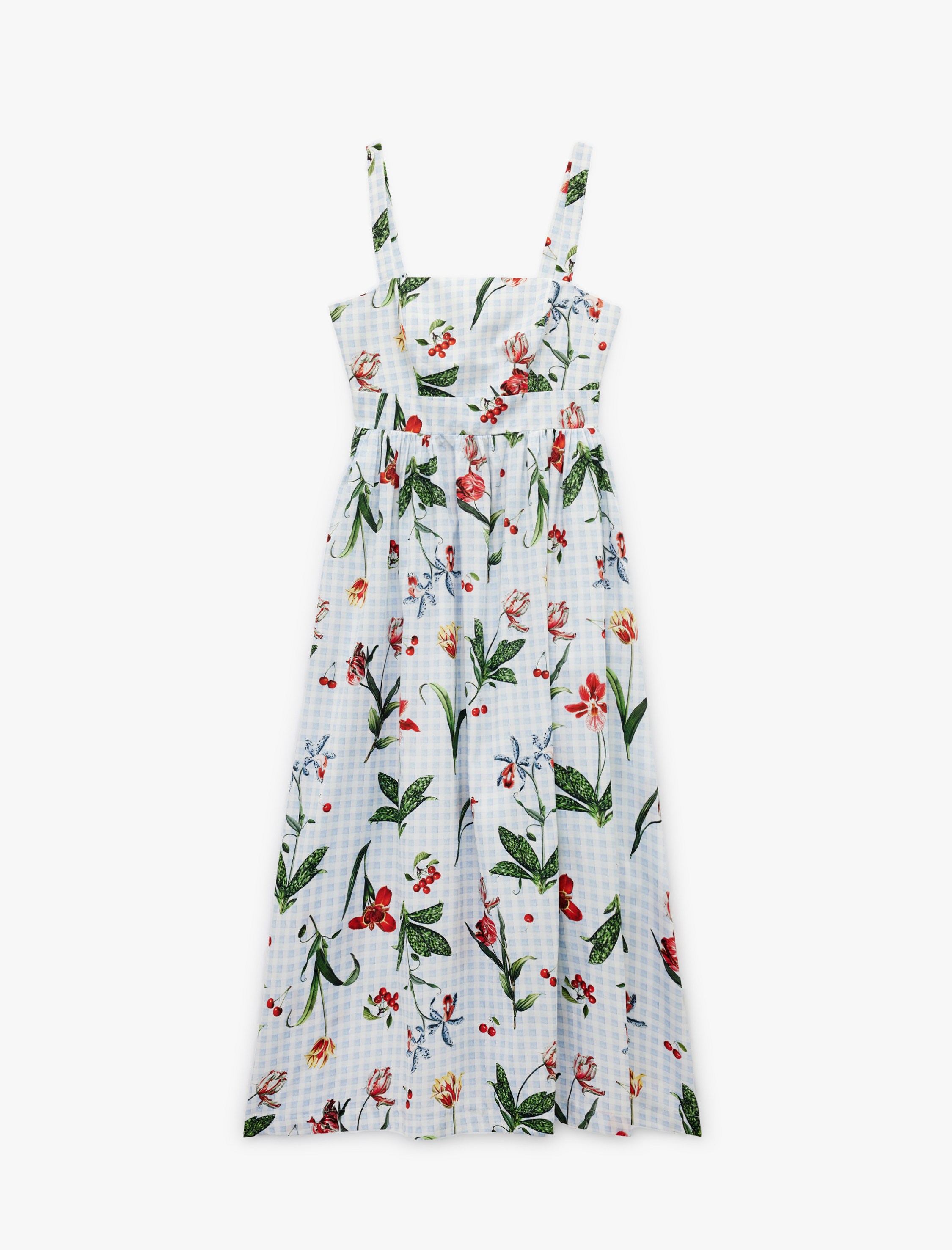   Pamuklu Kare Yaka Vişne Baskılı Çiçekli Midi Boy Askılı Pötikareli Kloş Elbise