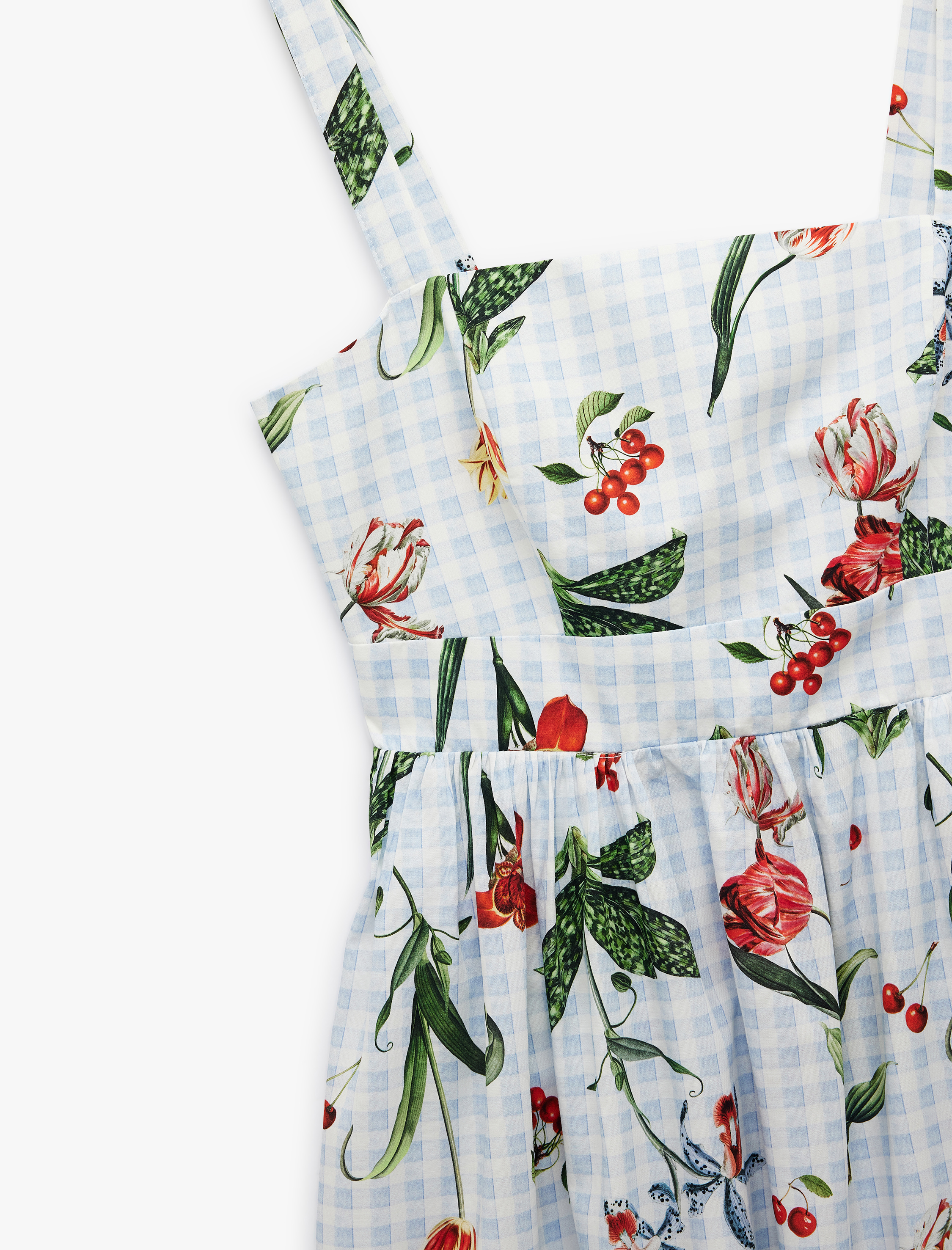   Pamuklu Kare Yaka Vişne Baskılı Çiçekli Midi Boy Askılı Pötikareli Kloş Elbise