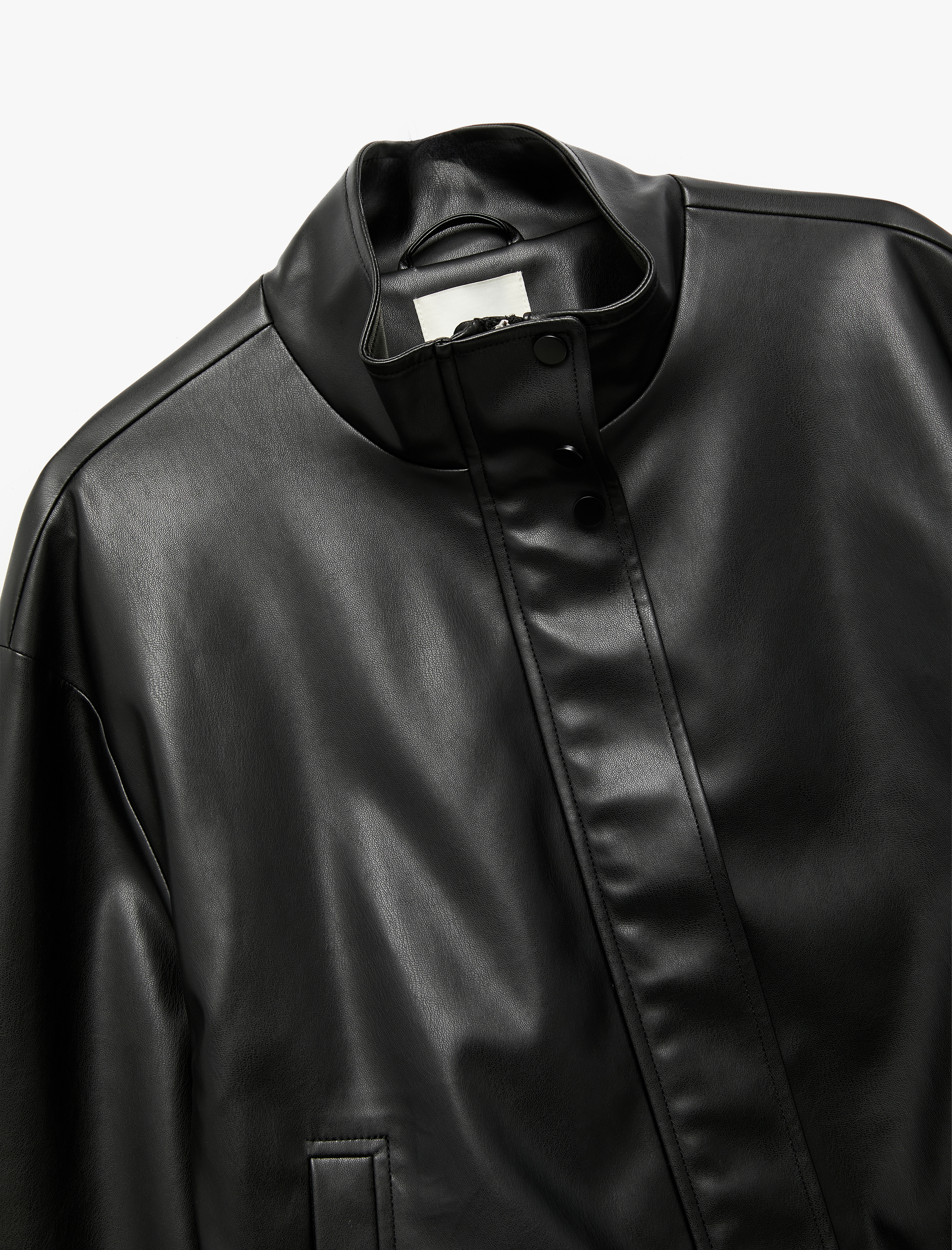 Astarlı Uzun Kollu Dik Yaka Fermuarlı Suni Deri Ceket