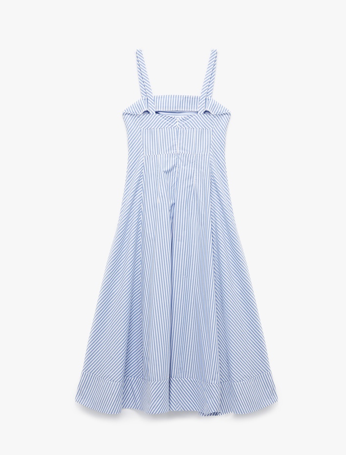  Pamuklu Kolsuz Kare Yaka Askılı Midi Kloş Elbise