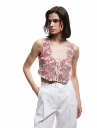 Koton X Melis Ağazat - Slim Fit Pamuklu Önden Bağlama Detaylı Fiyonklu Çiçekli Kroşe Crop Yelek