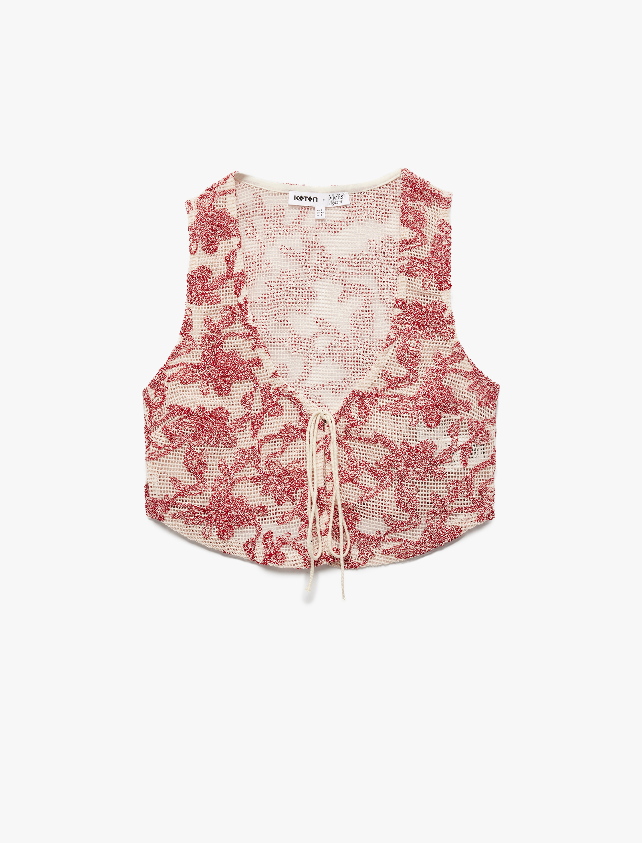   Koton X Melis Ağazat - Slim Fit Pamuklu Önden Bağlama Detaylı Fiyonklu Çiçekli Kroşe Crop Yelek