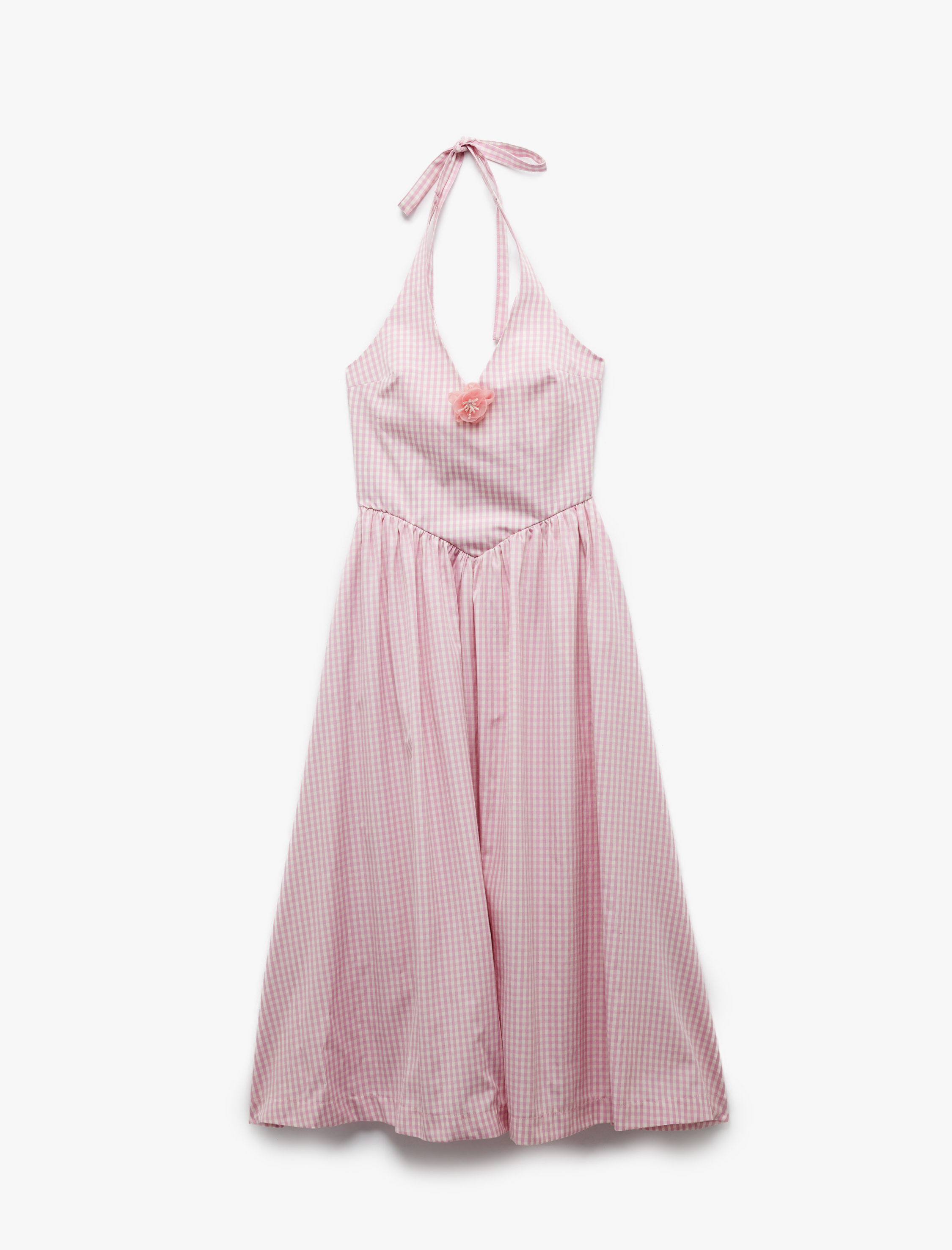   Rahat Kalıp Çiçek Aplike Detaylı Boyundan Bağlamalı Halter Yaka Midi Elbise