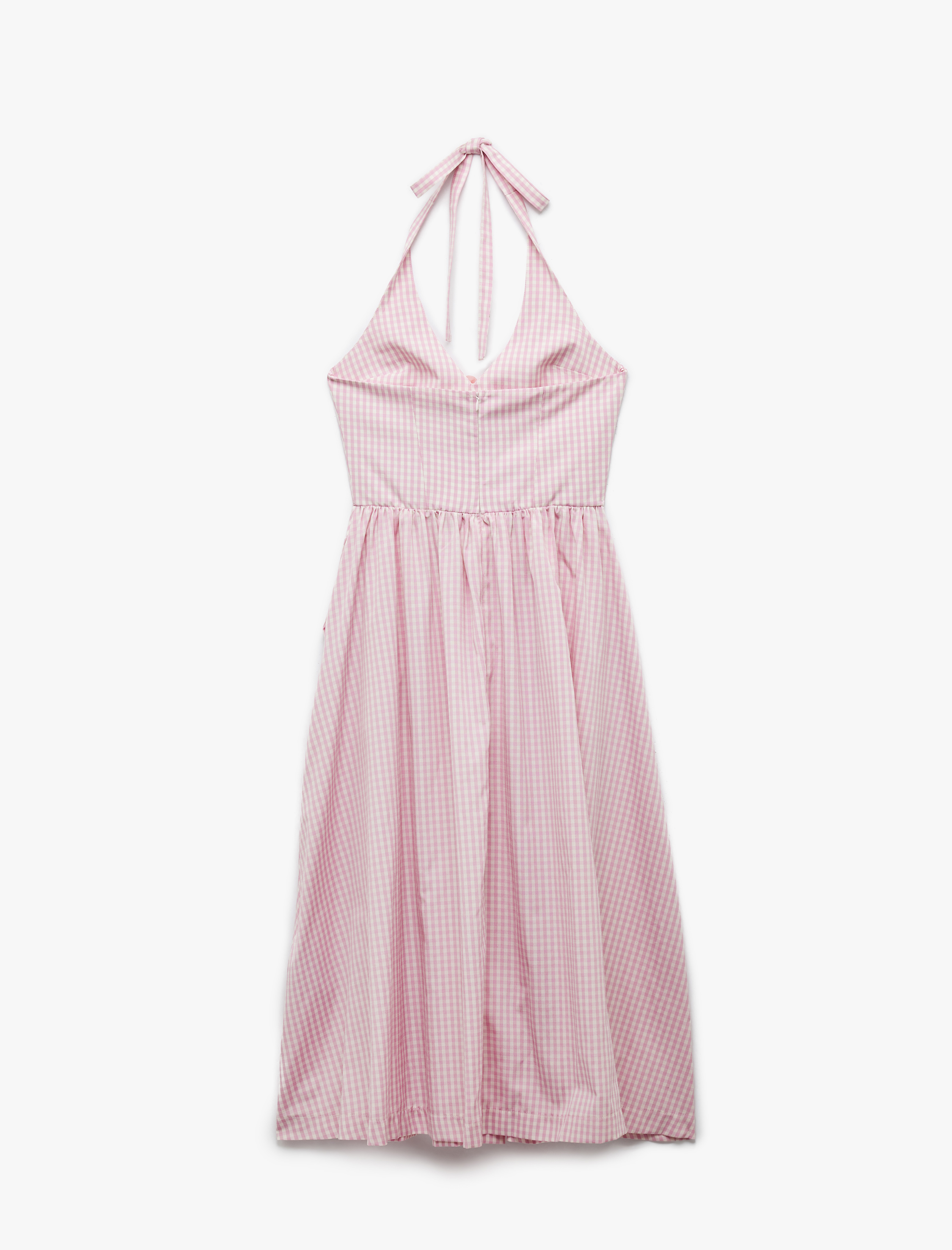   Rahat Kalıp Çiçek Aplike Detaylı Boyundan Bağlamalı Halter Yaka Midi Elbise