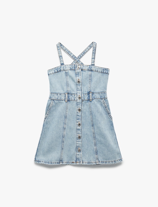 Pamuklu Askılı Düğmeli Cepli Denim Elbise_0