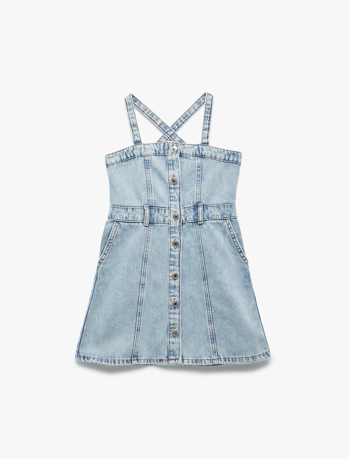 Kız Çocuk Pamuklu Askılı Düğmeli Cepli Denim Elbise