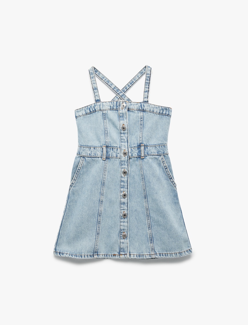  Kız Çocuk Pamuklu Askılı Düğmeli Cepli Denim Elbise