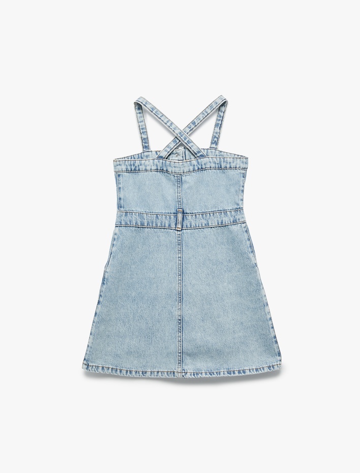 Kız Çocuk Pamuklu Askılı Düğmeli Cepli Denim Elbise