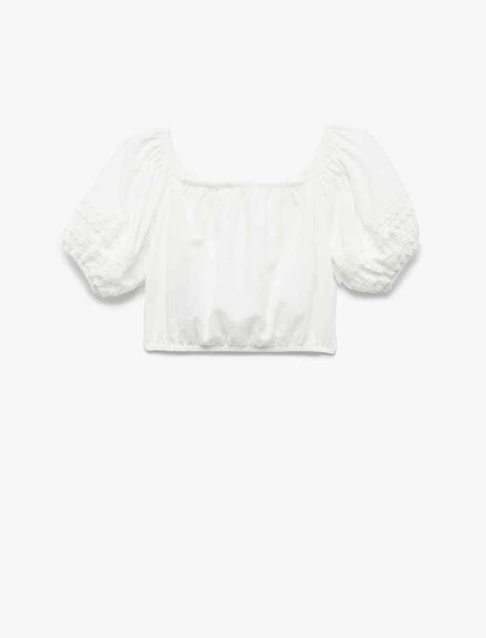Kız Çocuk Dantel Detaylı Kısa Kollu Kayık Yaka Viskon Karışımlı Bluz
