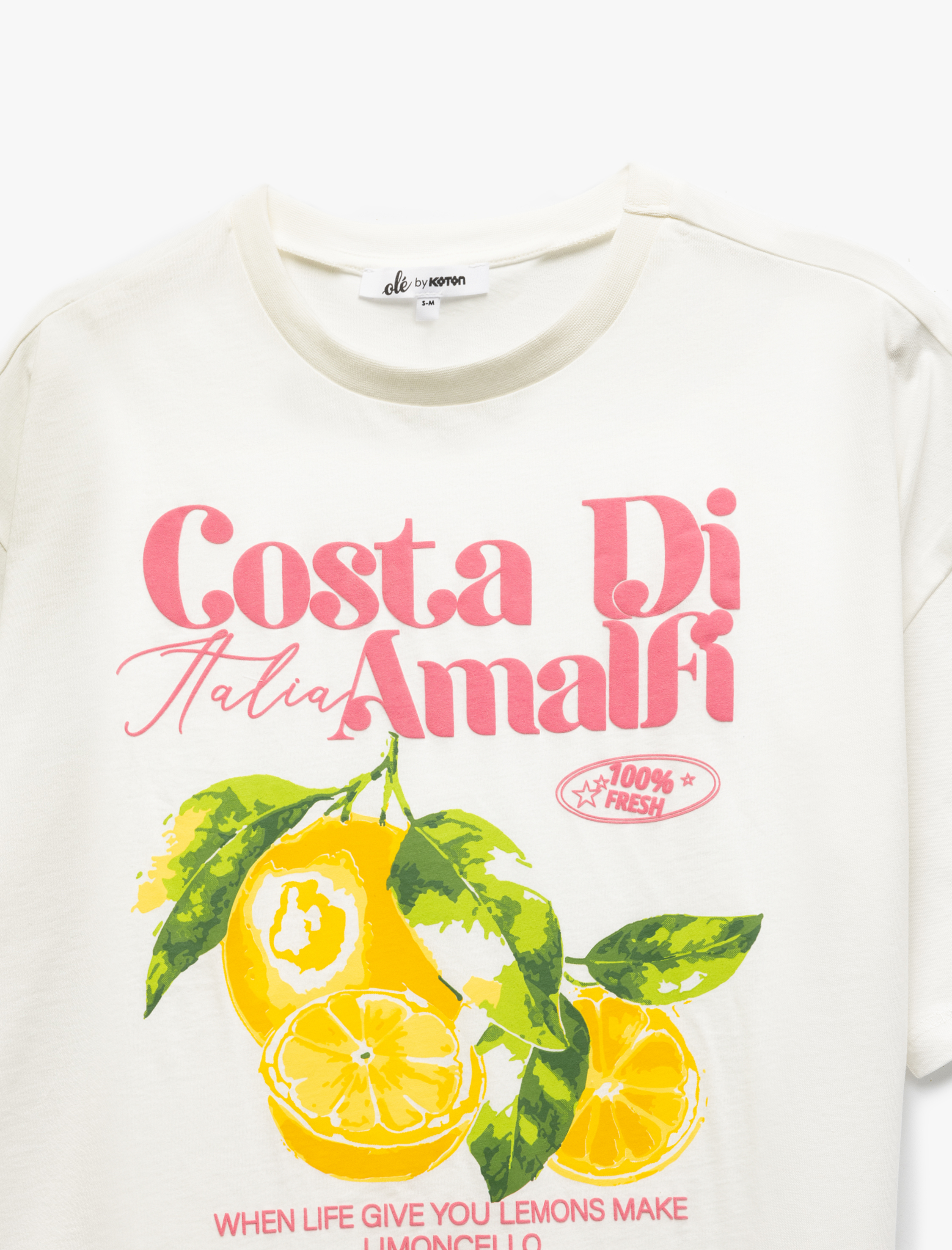   Pamuklu Bisiklet Yaka Kısa Kollu Limon Baskılı Oversize Tişört