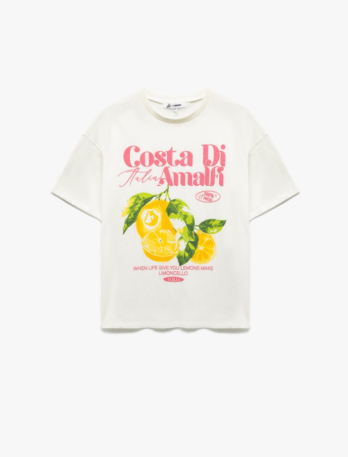  Pamuklu Bisiklet Yaka Kısa Kollu Limon Baskılı Oversize Tişört