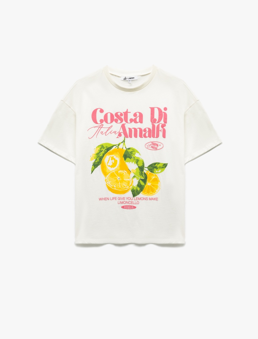   Pamuklu Bisiklet Yaka Kısa Kollu Limon Baskılı Oversize Tişört