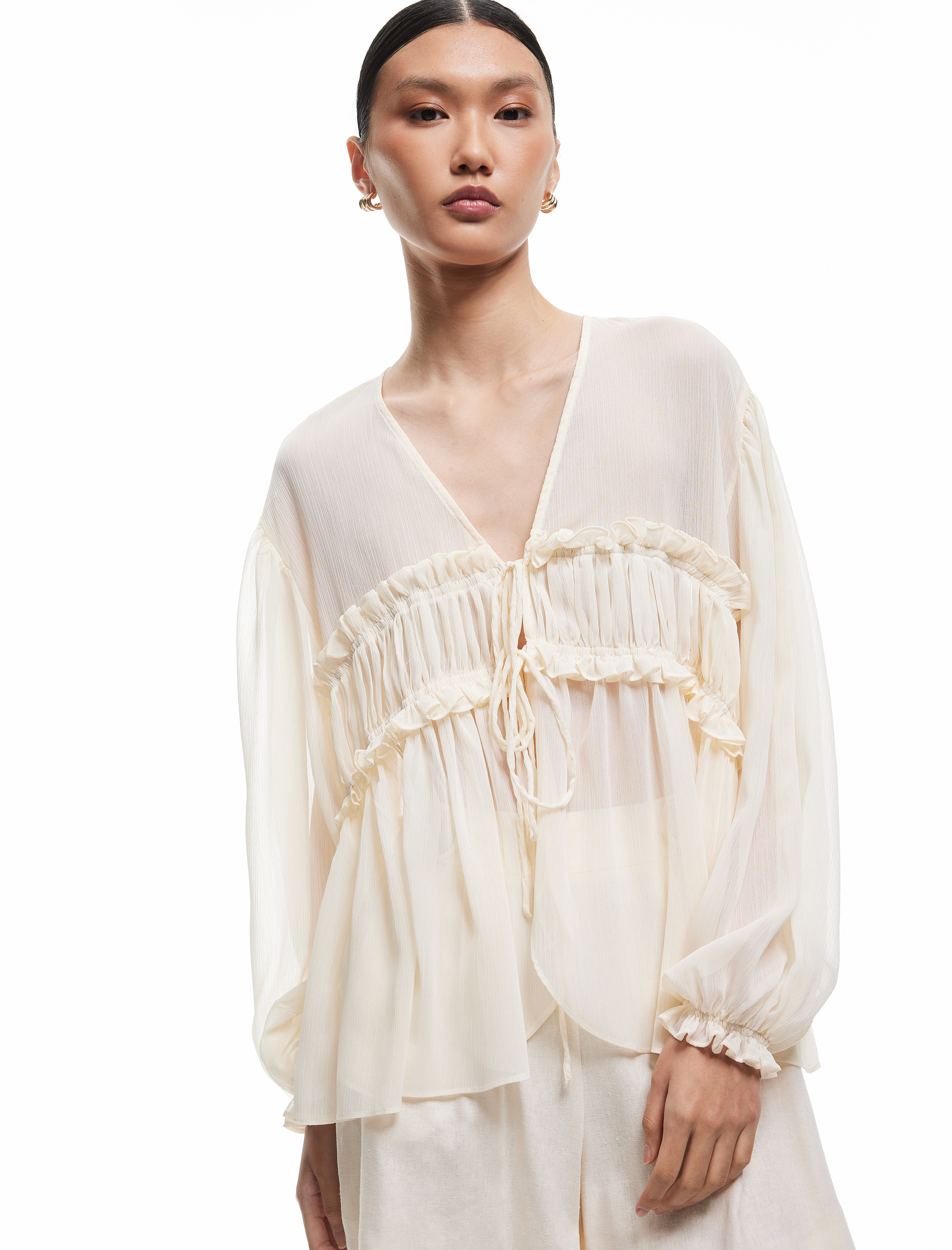   Önden Bağlamalı Fiyonklu V Yaka Uzun Kollu Fırfırlı Şifon Bluz