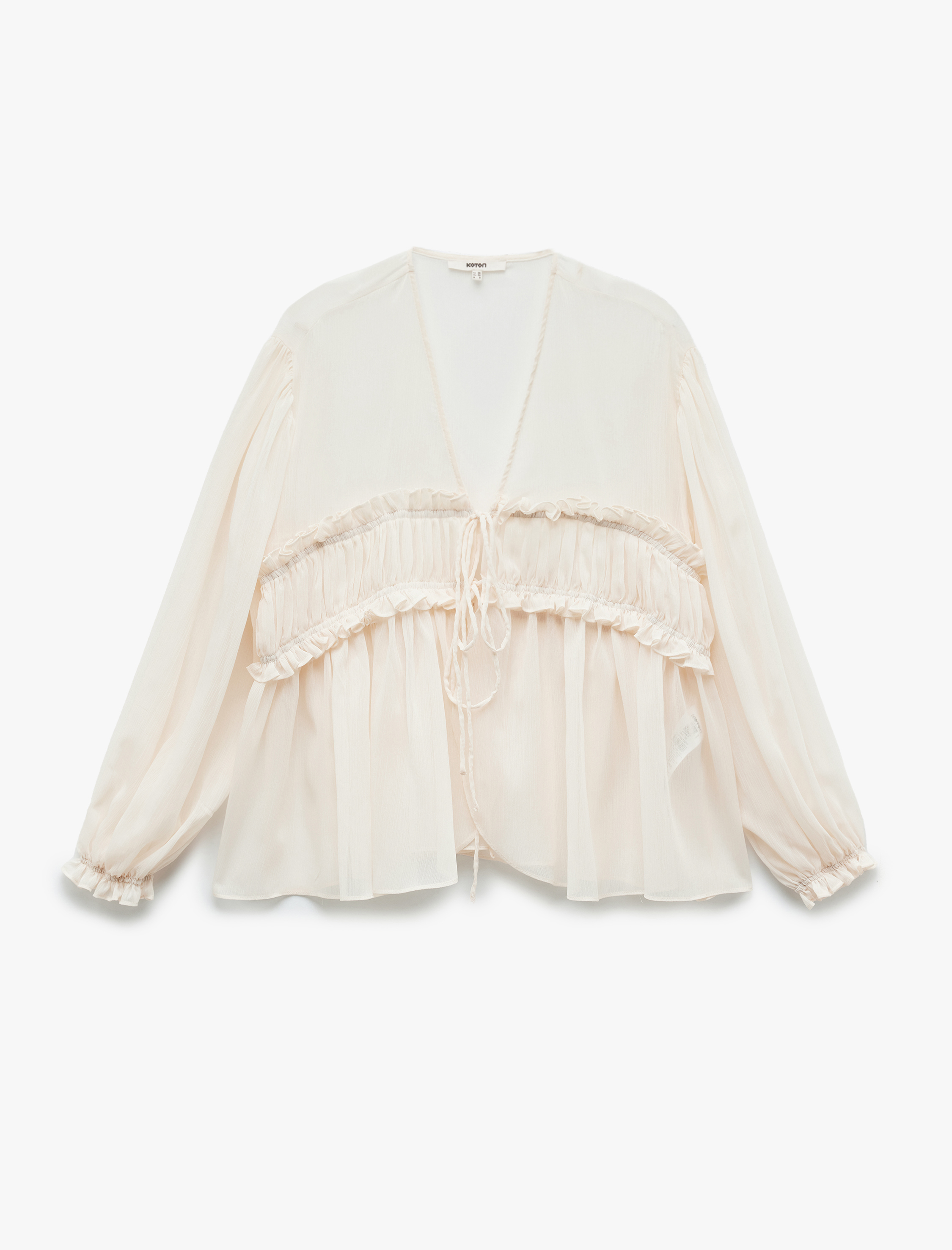   Önden Bağlamalı Fiyonklu V Yaka Uzun Kollu Fırfırlı Şifon Bluz