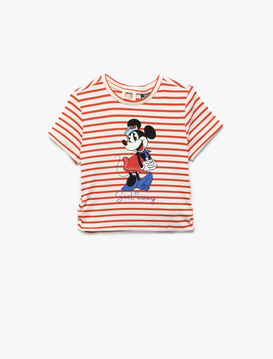  Kız Çocuk Minnie Mouse Baskılı Lisanslı Çizgili Kısa Kollu Crop Tişört