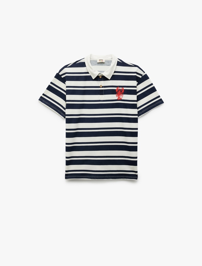 Erkek Çocuk Pamuklu Çizgili Nakış Detaylı Kısa Kollu Polo Yaka Tişört