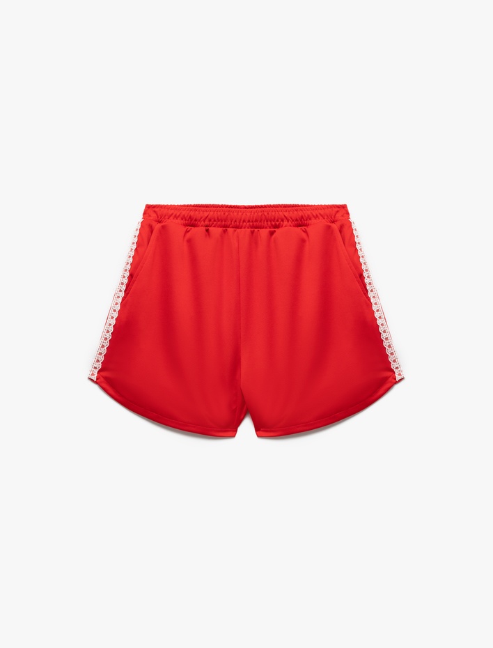  Dantel Detaylı Parlak Beli Lastikli Cepli Mini Şort