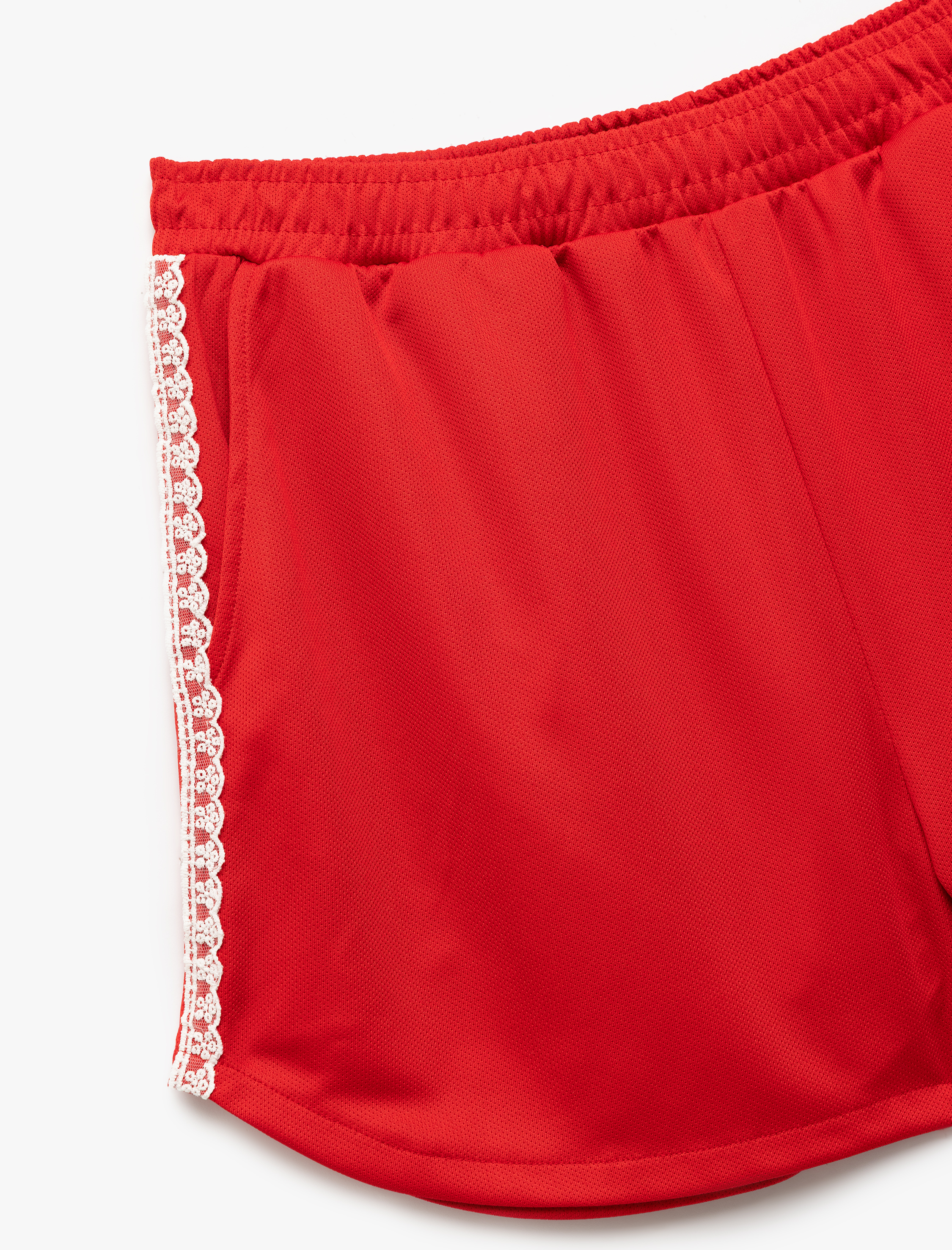   Dantel Detaylı Parlak Beli Lastikli Cepli Mini Şort