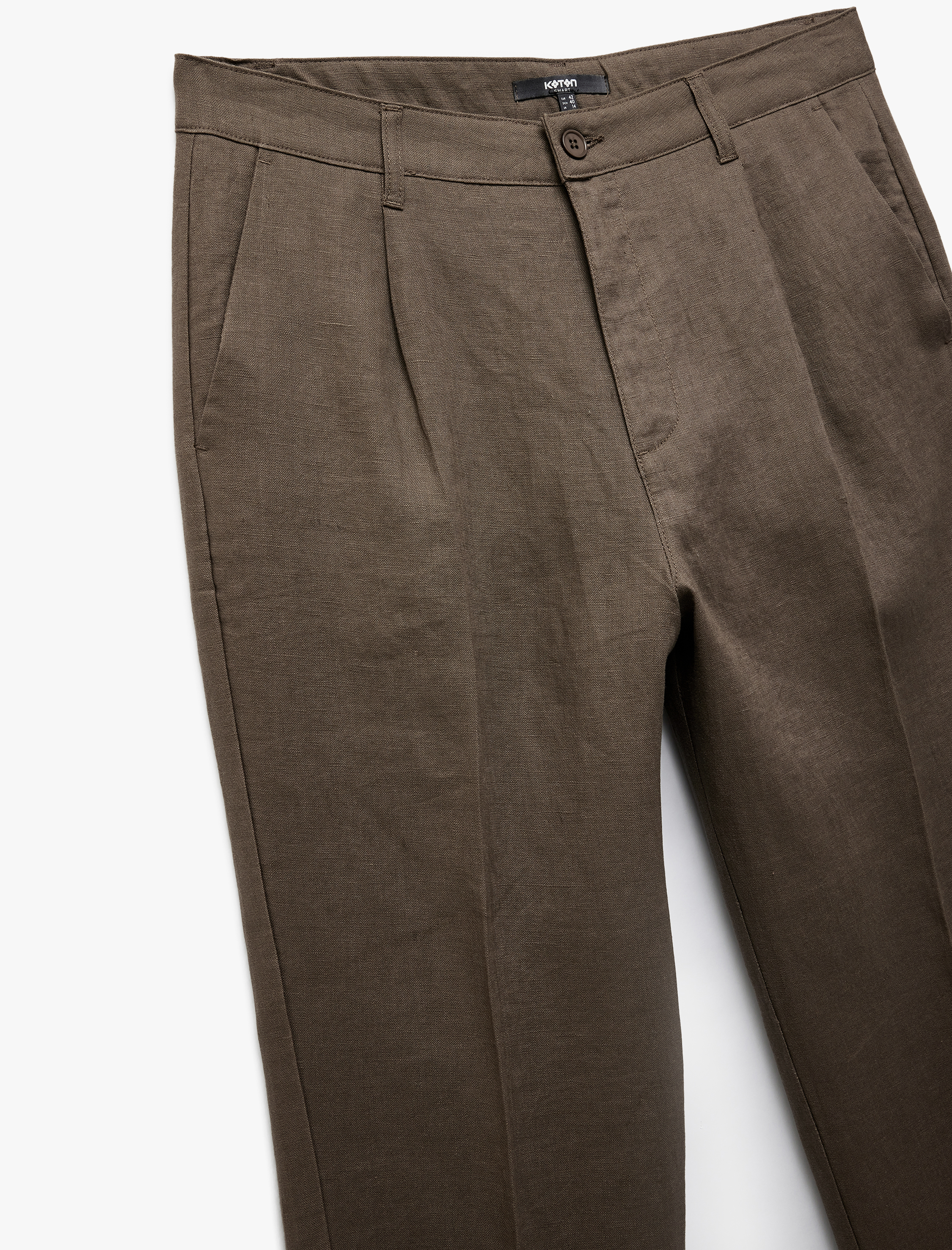 Normal Bel Bol Kalıp Pileli Keten Chino Pantolon