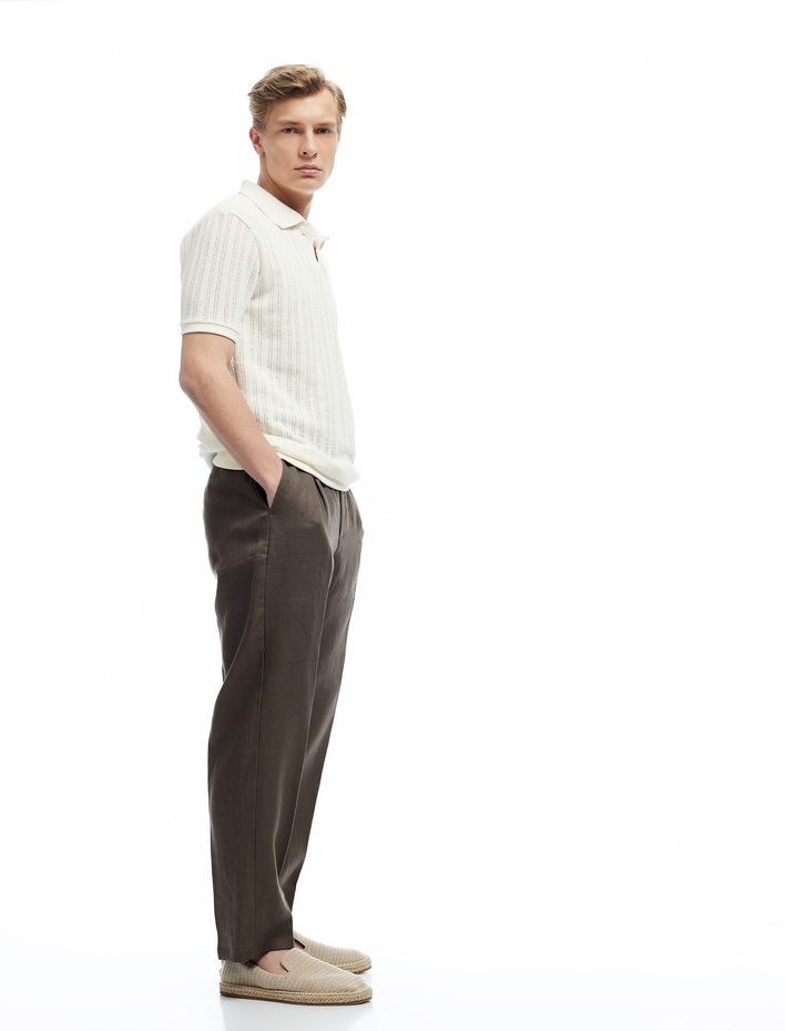  Normal Bel Bol Kalıp Pileli Keten Chino Pantolon